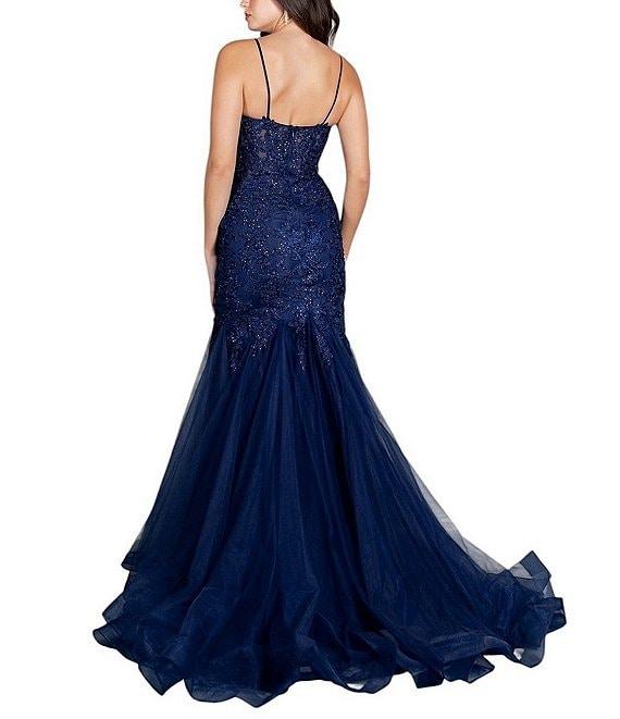 Cinderella Couture Embroidered Floral Rhinestoned Lace V-Neck Spaghetti Strap Corset Fitted Mermaid Gown Product Image