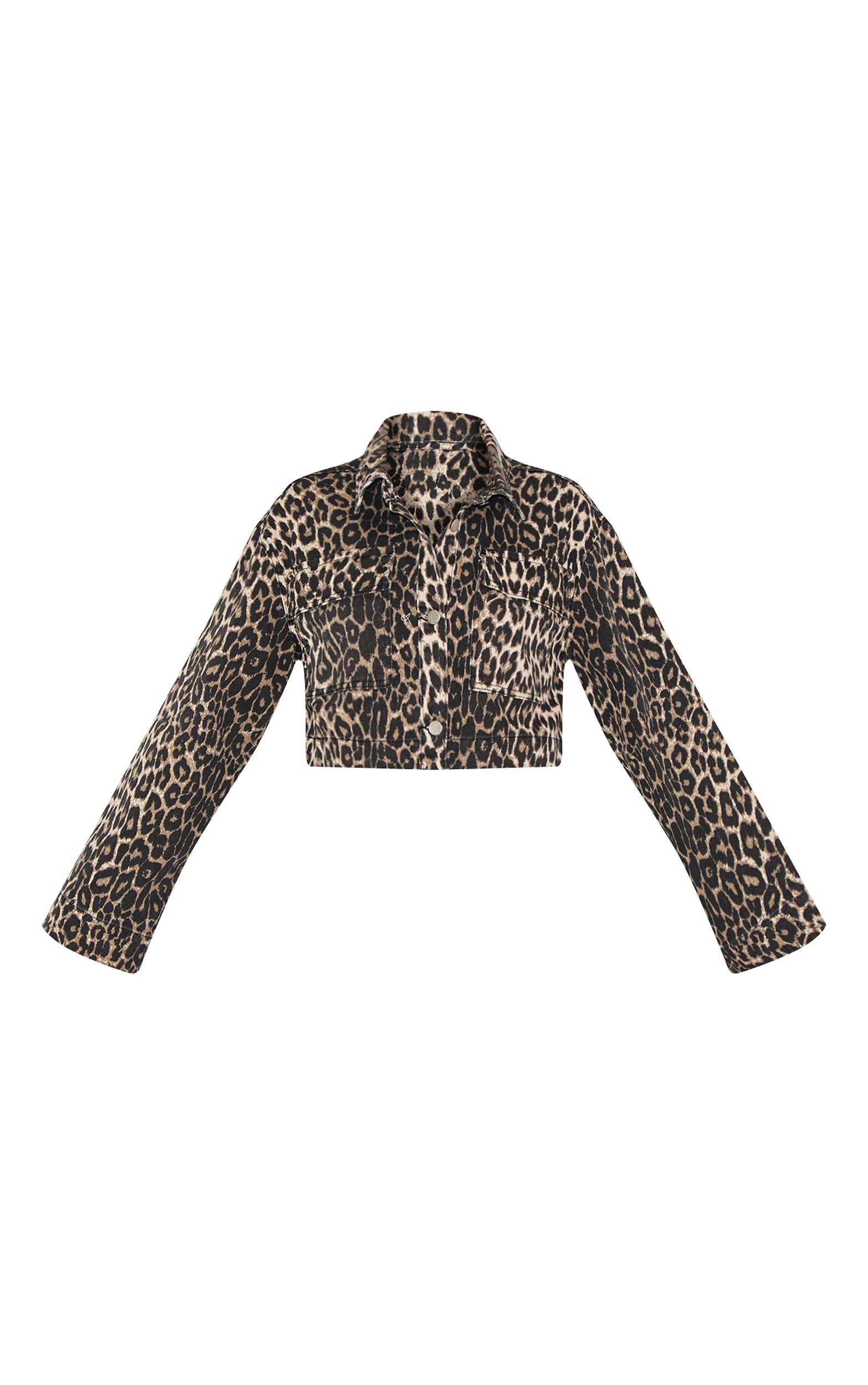 Leopard Print Denim Cropped Jacket Product Image