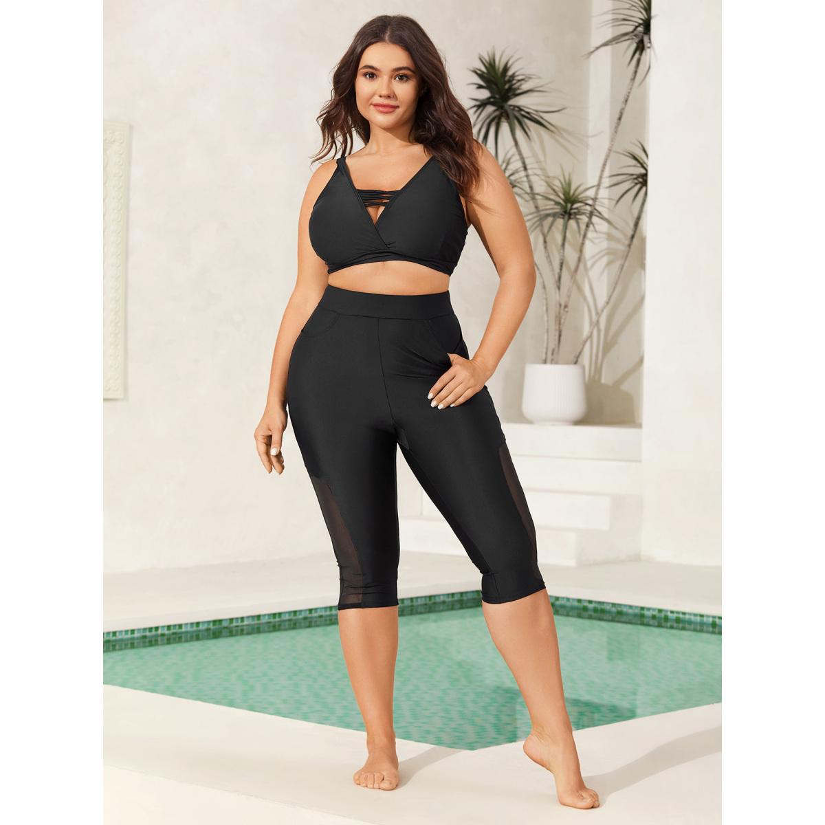 Plus Size Sheer Skinny-Fit Crop Swim Bottoms Women's Swimwear Black Beach See through High stretch Skinny Mid Rise Side seam pocket Curve Swim Bottoms BloomChic 12/L Product Image