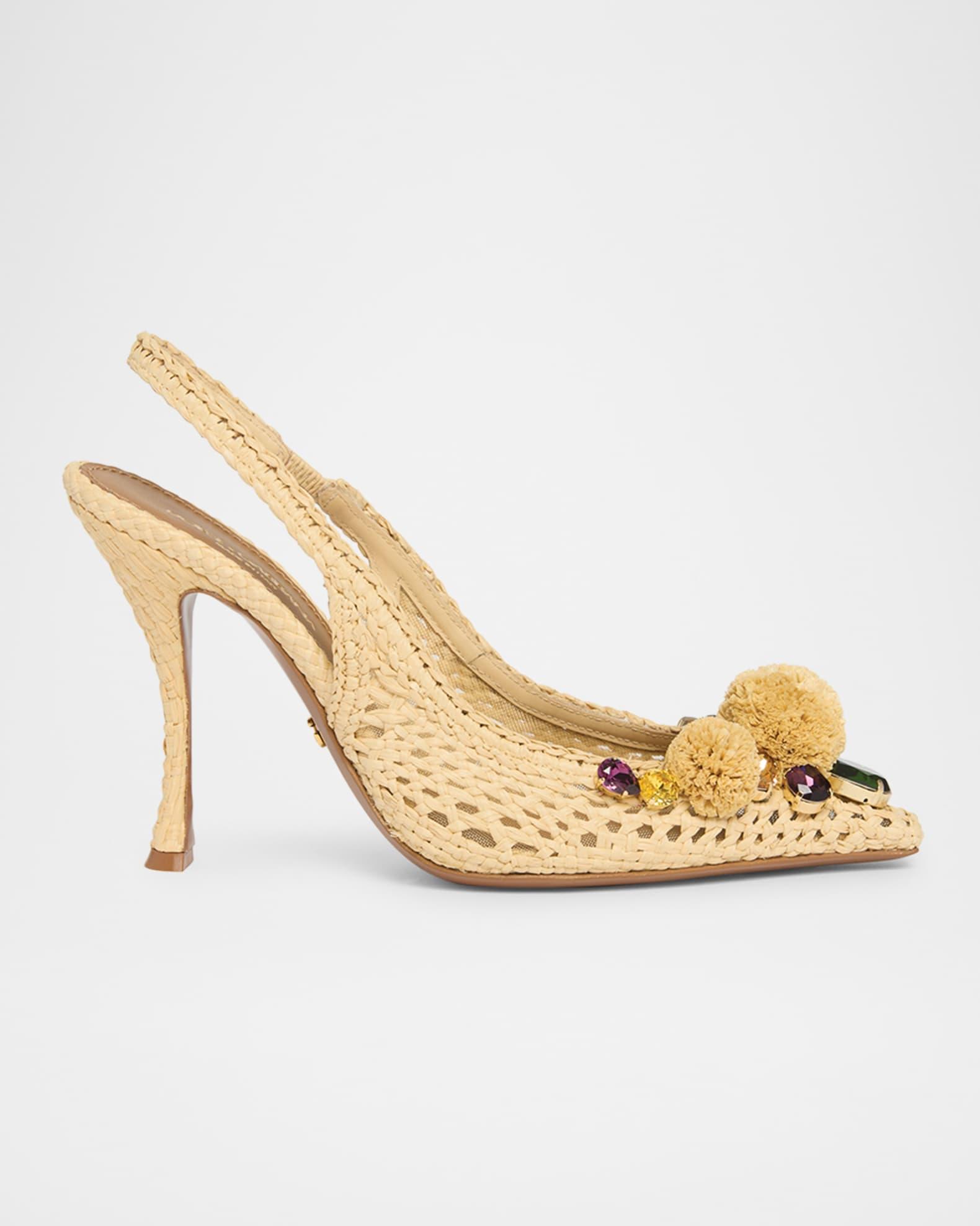 Raffia Crochet PomPom Slingback Pumps Product Image