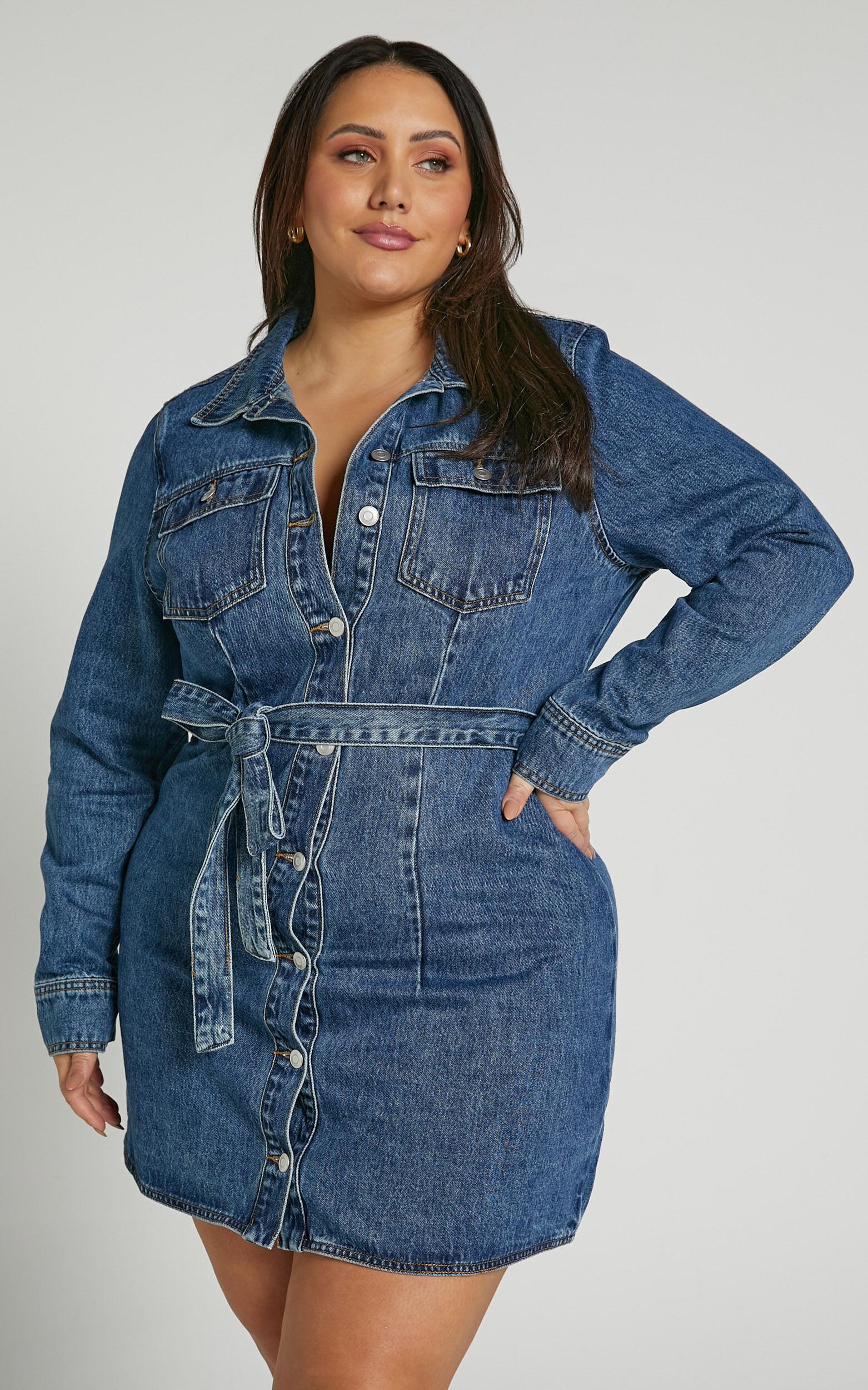 Enriquetta Mini Dress - Cotton Denim Long Sleeve Button Up Dress in Blue Product Image