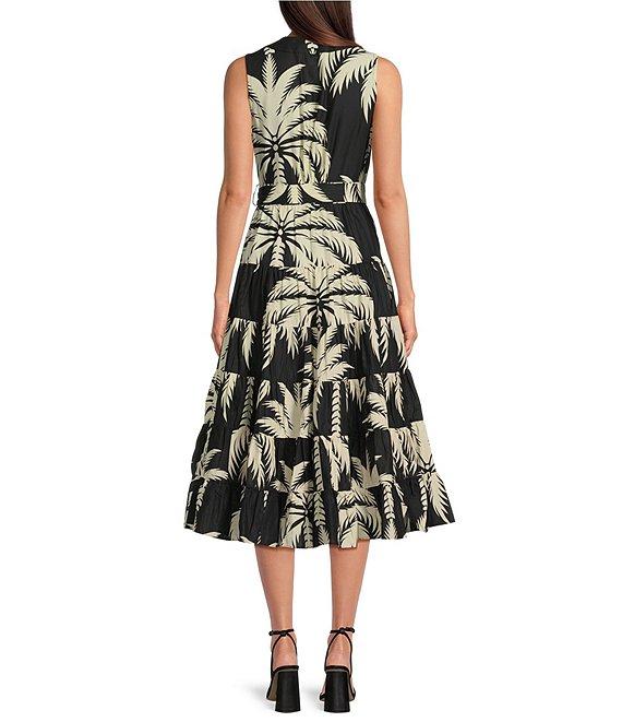 Gibson & Latimer Woven Tropical Palm Print V-Neck Sleeveless Tie at Waist Tiered Midi Wrap Dress Product Image