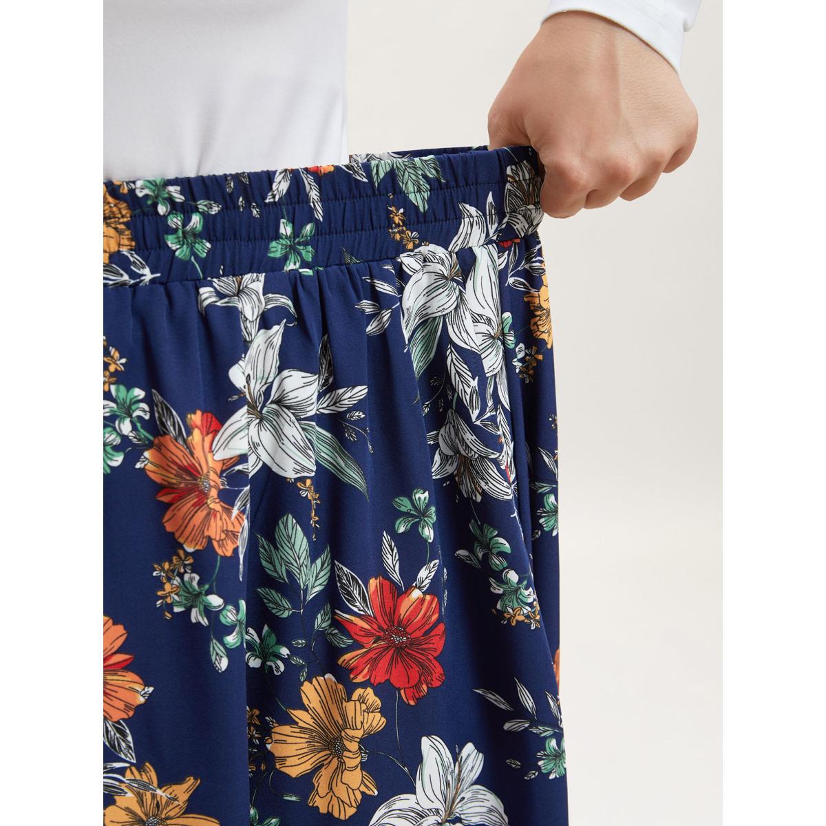 Plus Size Floral Print Drawstring Pleated Midi Skirt Women DarkBlue Elegant Bodycon Low stretch Slanted pocket Everyday Skirts BloomChic 14-16/1X Product Image