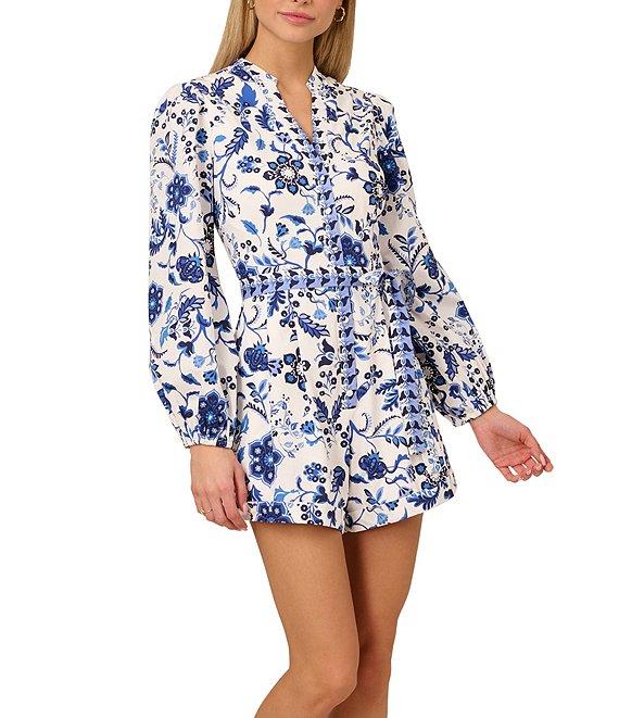 Adrianna by Adrianna Papell Cotton Floral Print V-Neck Long Sleeve Front Waist Tie Romper Product Image