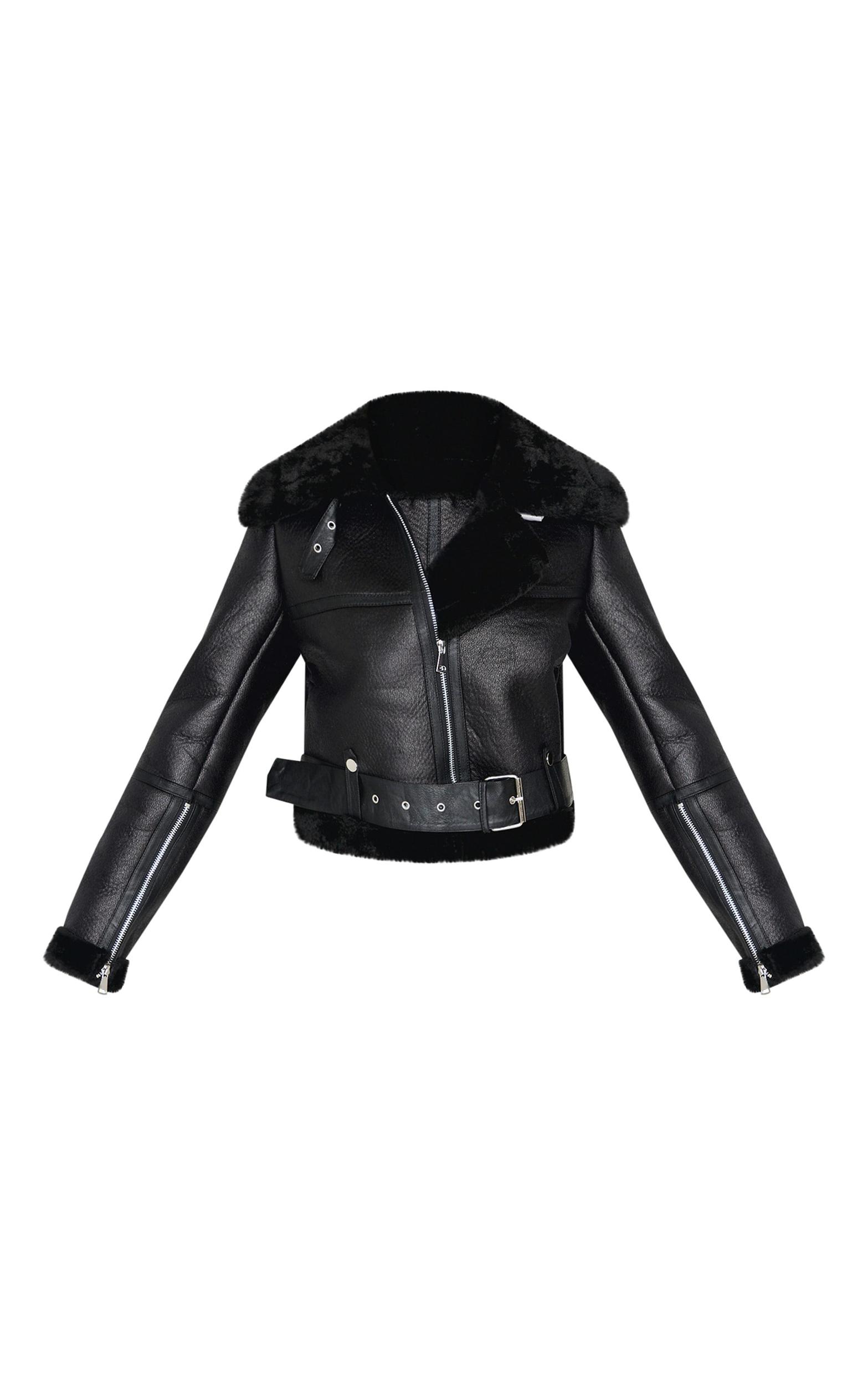 Petite Black Faux Leather Aviator Jacket Product Image