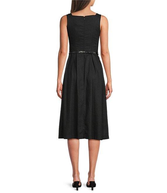 Donna Karan Square Neck Sleeveless A-Line Belted Midi Dress Product Image