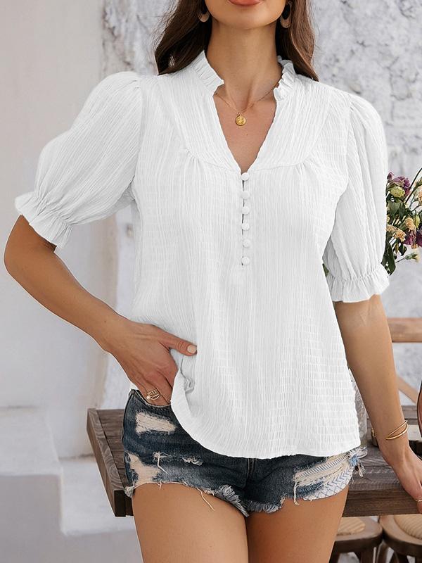 Flared Sleeves Half Sleeves Buttoned Ruffle Trim Solid Color V-Neck Blouses&Shirts Tops Product Image