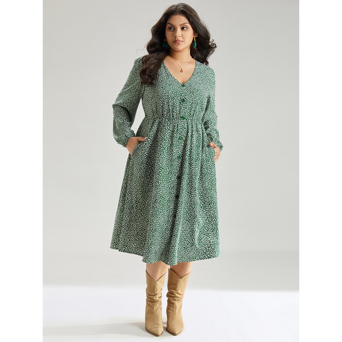 Plus Size Leopard Print Elastic Cuffs Button Detail Dress Green Women Elegant Elastic cuffs V-neck Long Sleeve Curvy Midi Dress BloomChic 18-20/2X Product Image