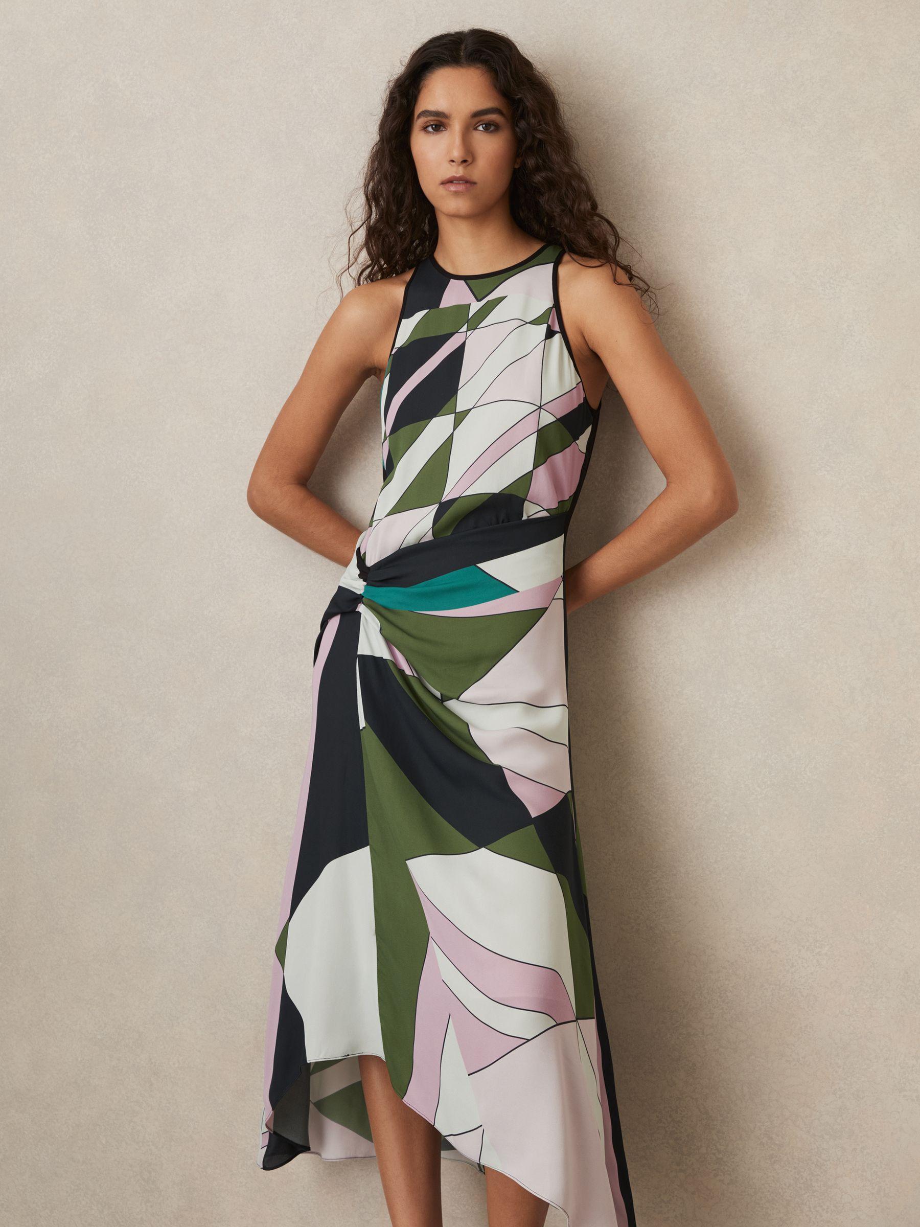 Geometric-Print Gathered Midi Dress in Green Product Image
