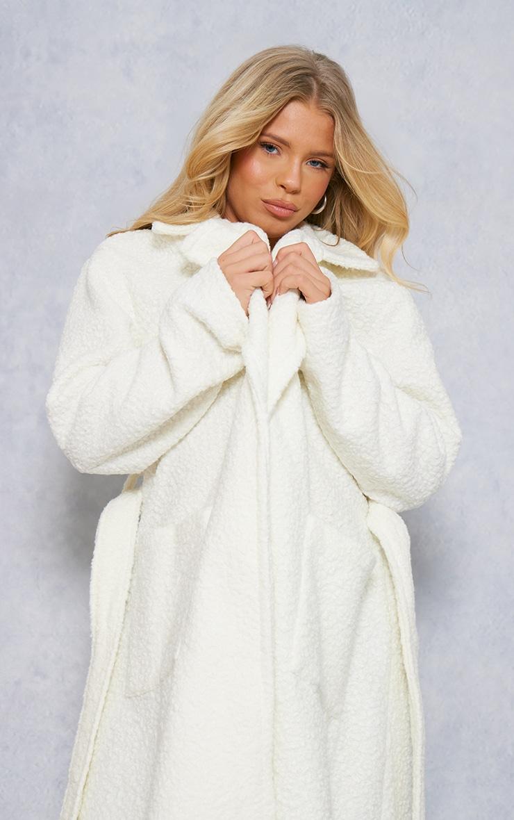 White Boucle Oversized Tie Waist Maxi Coat Product Image