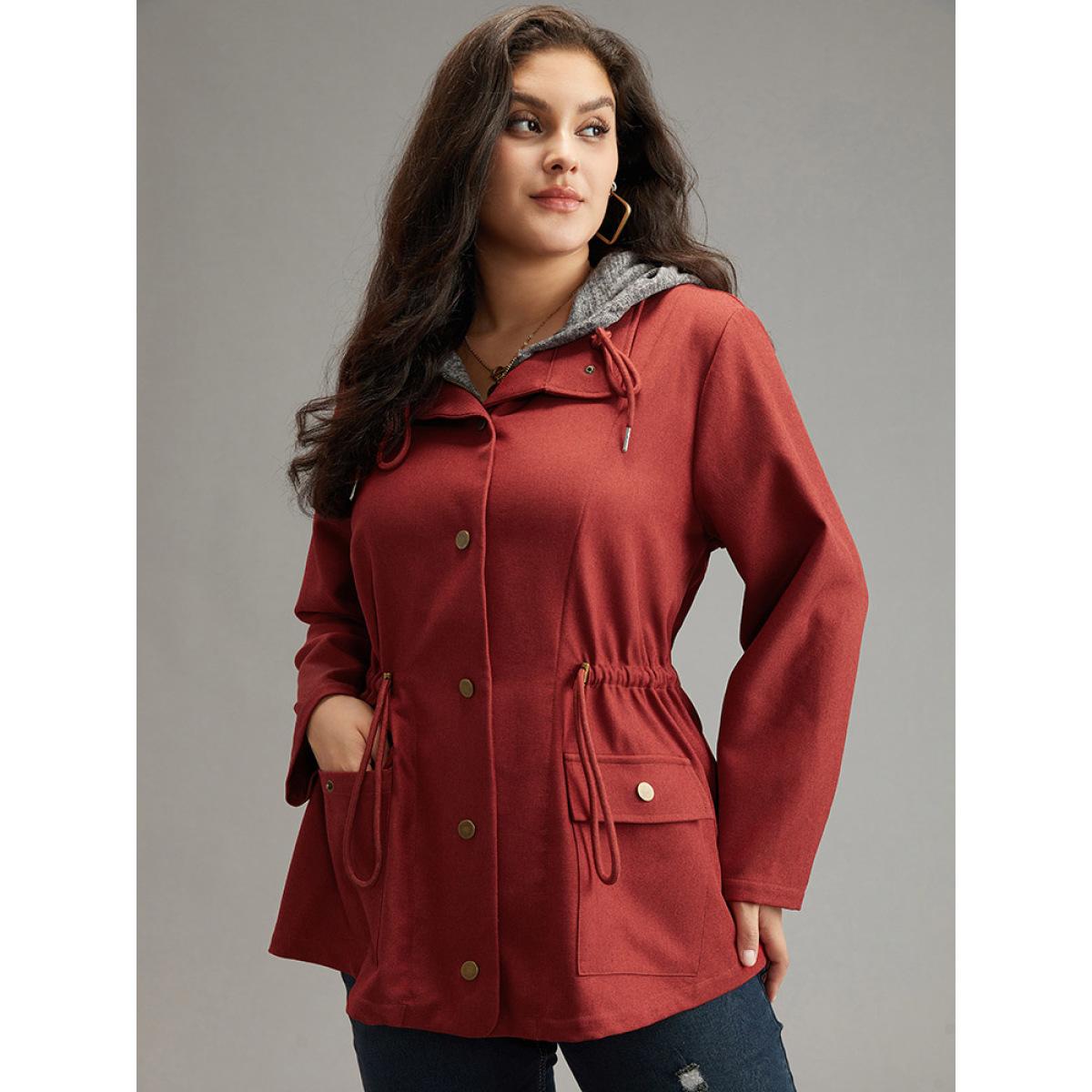 Plus Size Two Tone Hooded Drawstring Zipper Jacket Women Russet Contrast Pocket Everyday Jackets BloomChic 22-24/3X Product Image