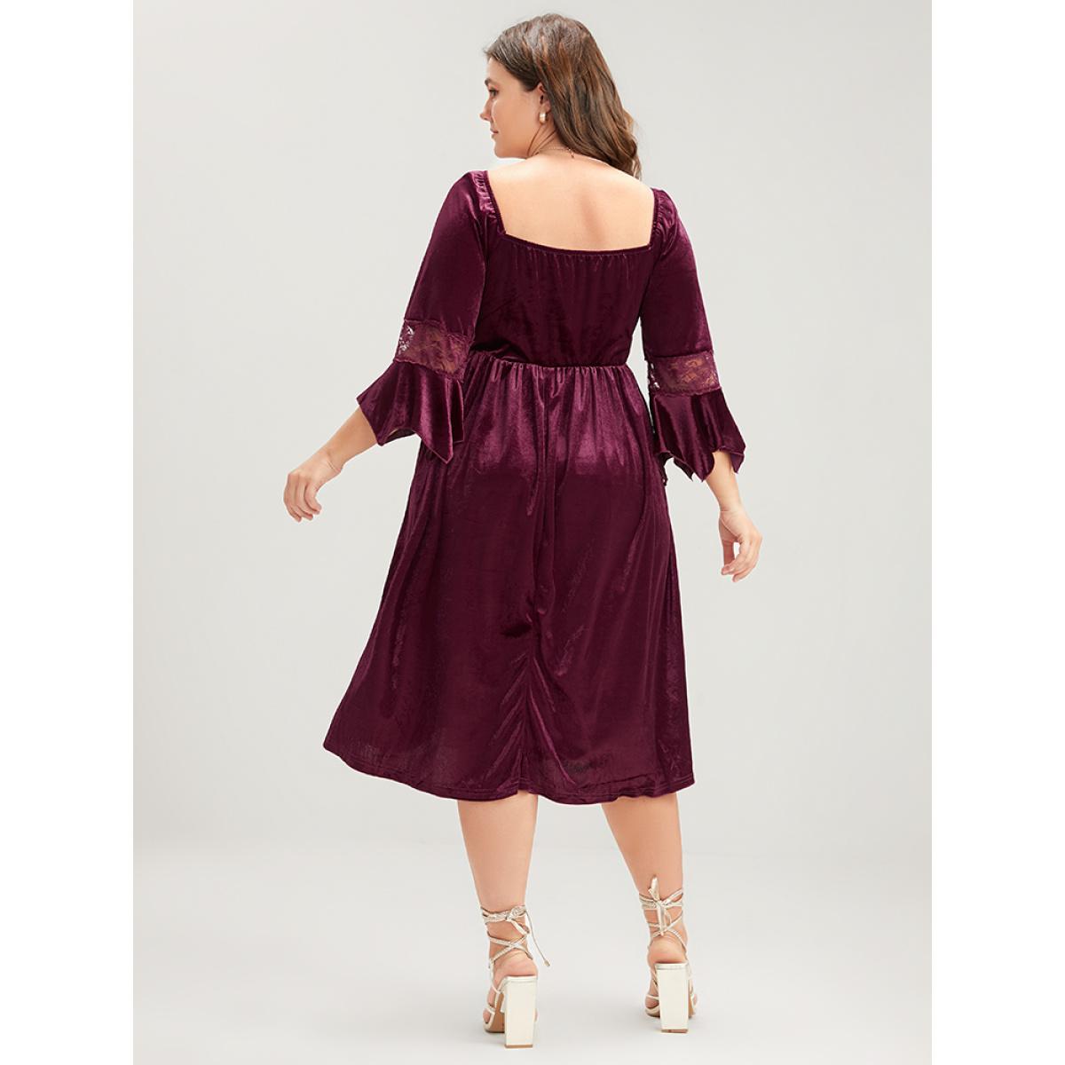Plus Size Halloween Solid Velvet Bell Sleeve Pocket Contrast Lace Ties Midi Dress Burgundy Women Party Ribbon Square Neck Elbow-length sleeve Curvy Midi Dress BloomChic 22-24/3X Product Image