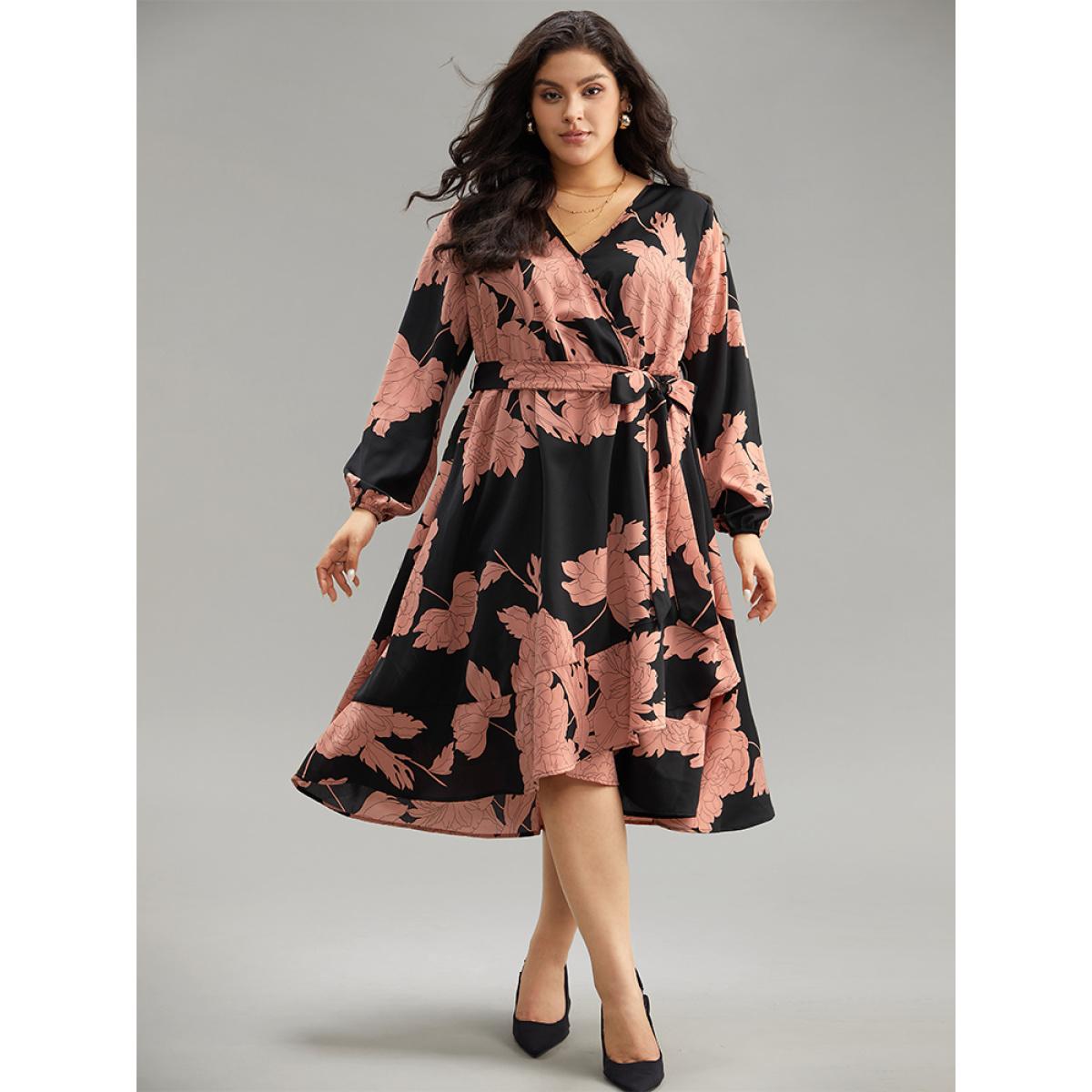 Plus Size Floral Print Belted Wrap Hem Midi Dress Black Women Elegant Elastic cuffs Overlap Collar Long Sleeve Curvy Midi Dress BloomChic 22-24/3X Product Image