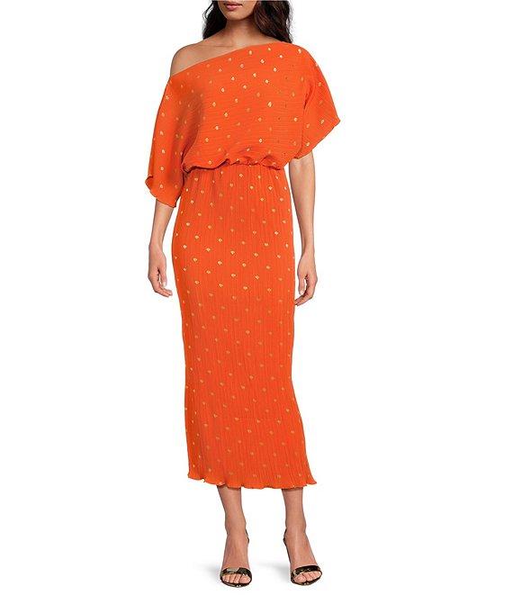 Never Fully Dressed Tilly Plisse Gold Fleck Print One Shoulder Neck Short Sleeve Maxi Dress Product Image