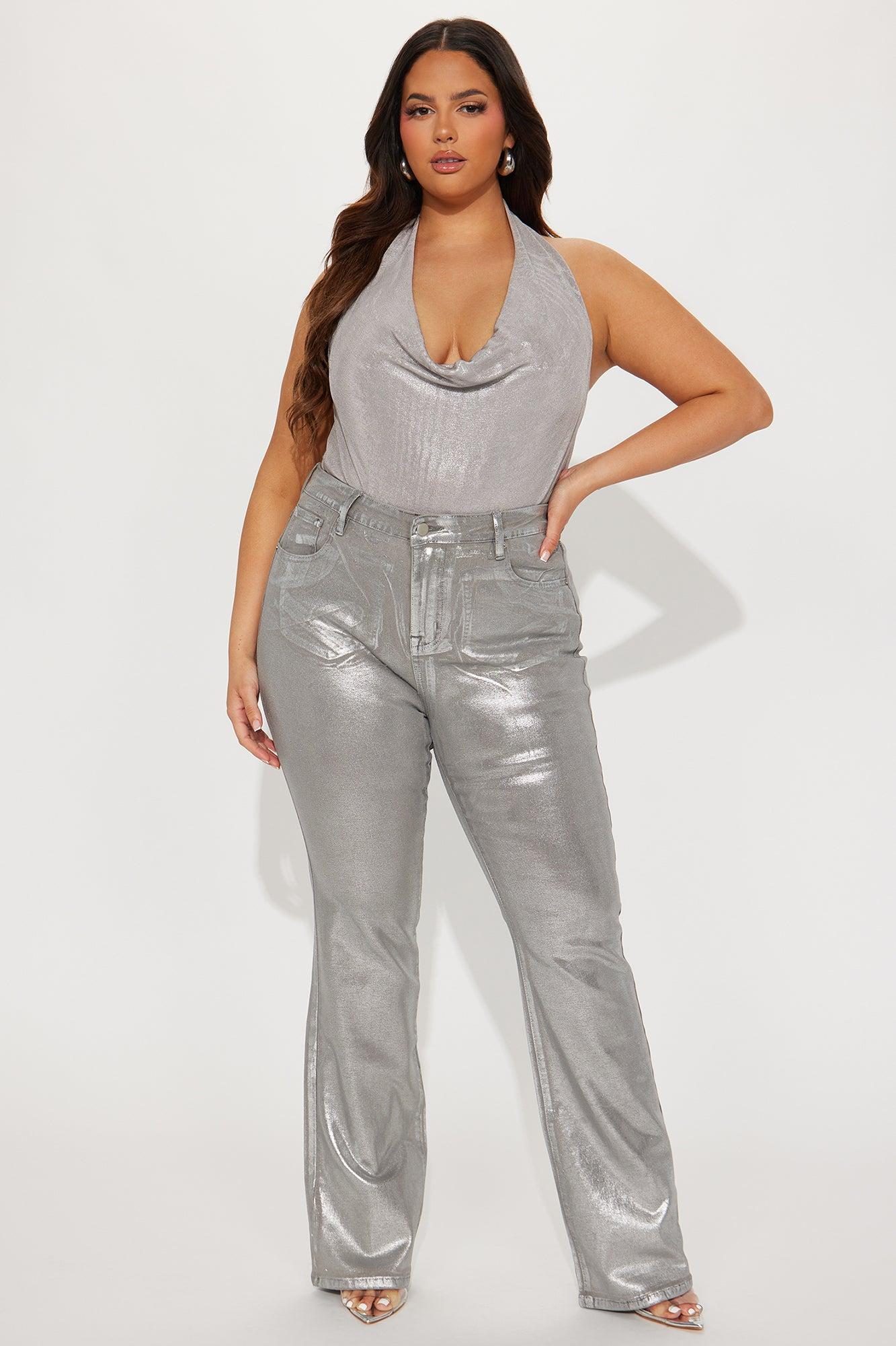 Shine Bright Foil Stretch Bootcut Jeans - Silver Product Image
