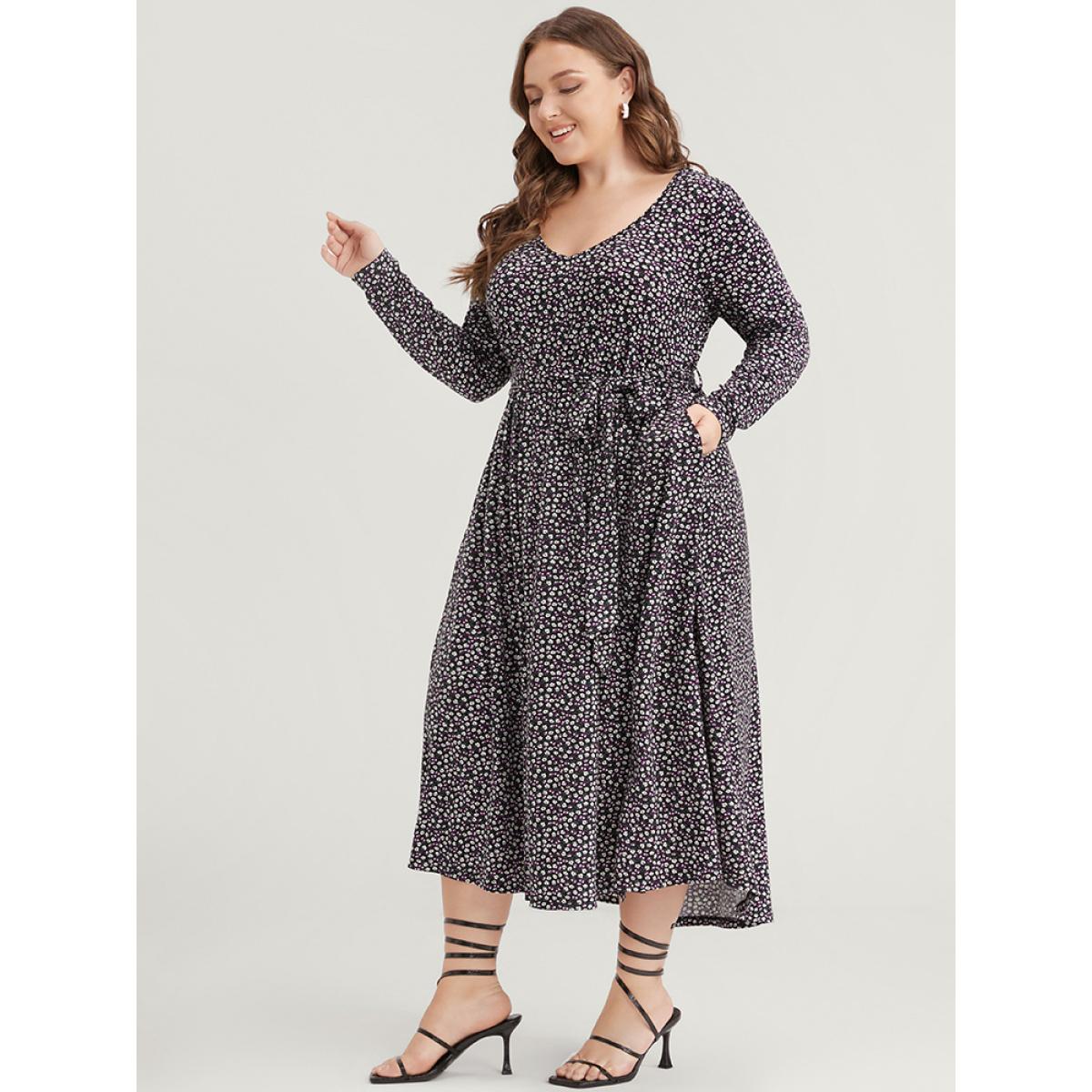 Plus Size Ditsy Floral Pocket Pocket Belted Asymmetrical Hem Dress Midnight Women Elegant V-neck Long Sleeve Curvy Midi Dress BloomChic 26/4X Product Image