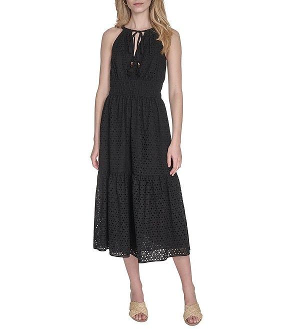 Vince Camuto Halter Neck Sleeveless Embroidered Midi Dress Product Image