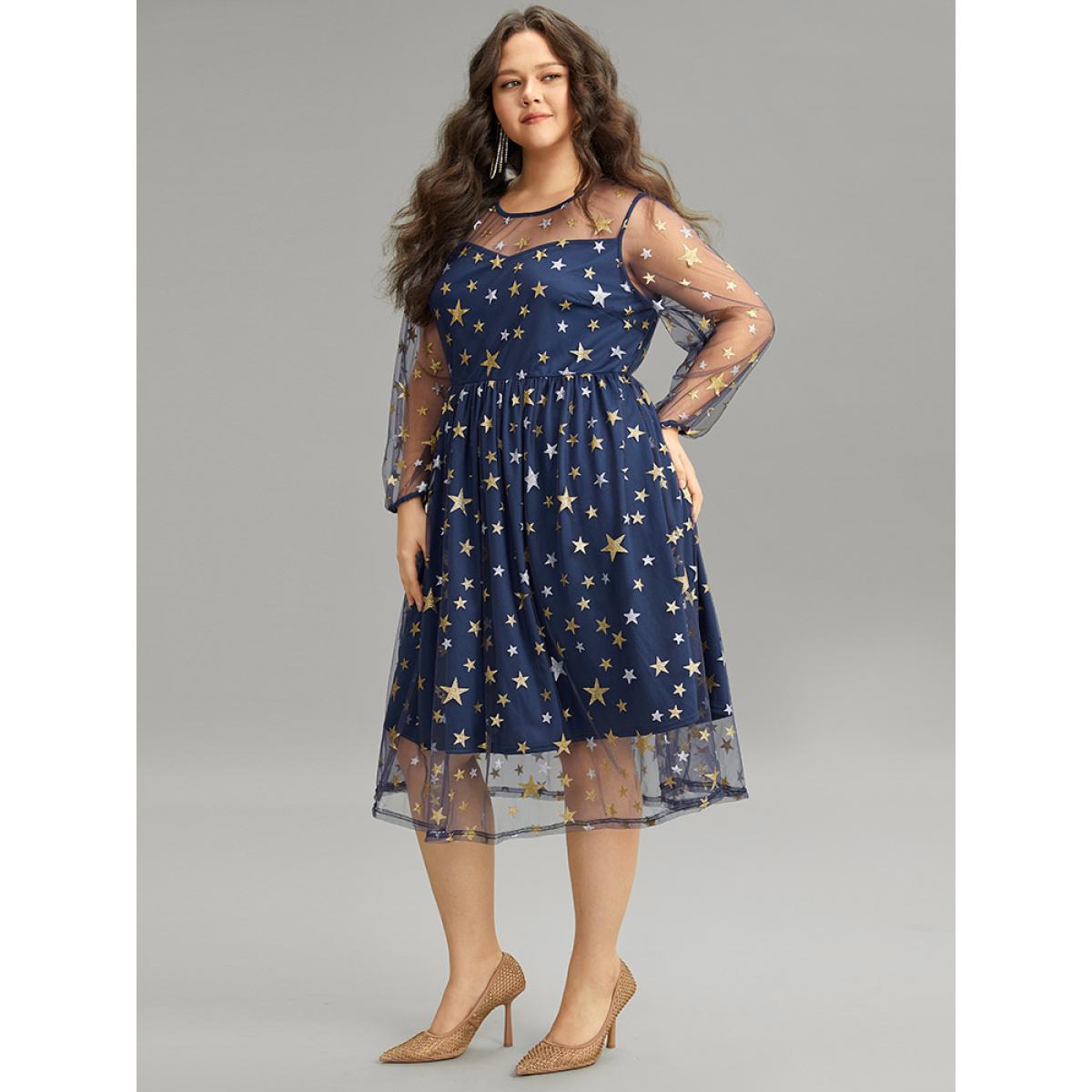 Plus Size Glitter Star Mesh Crew Neck Dress DarkBlue Women Cocktail Elastic cuffs Round Neck Long Sleeve Curvy Midi Dress BloomChic 18-20/2X Product Image