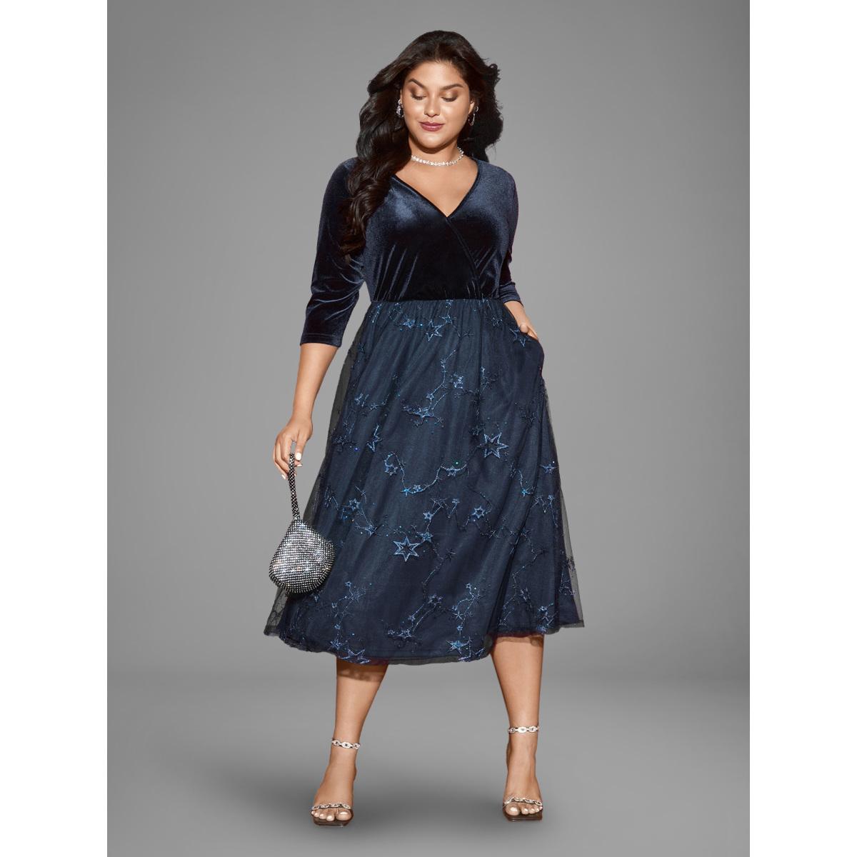 Plus Size Velvet Star Mesh Surplice Neckline Midi Dress DarkBlue Women Cocktail Texture Party Curvy Bloomchic 22-24/3X Product Image
