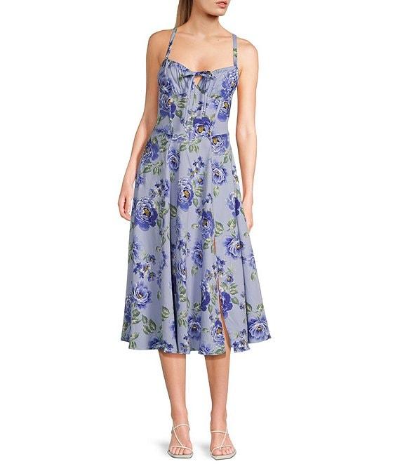 Honey and Rosie Floral Sateen Sweetheart Neck A-Line Midi Dress Product Image