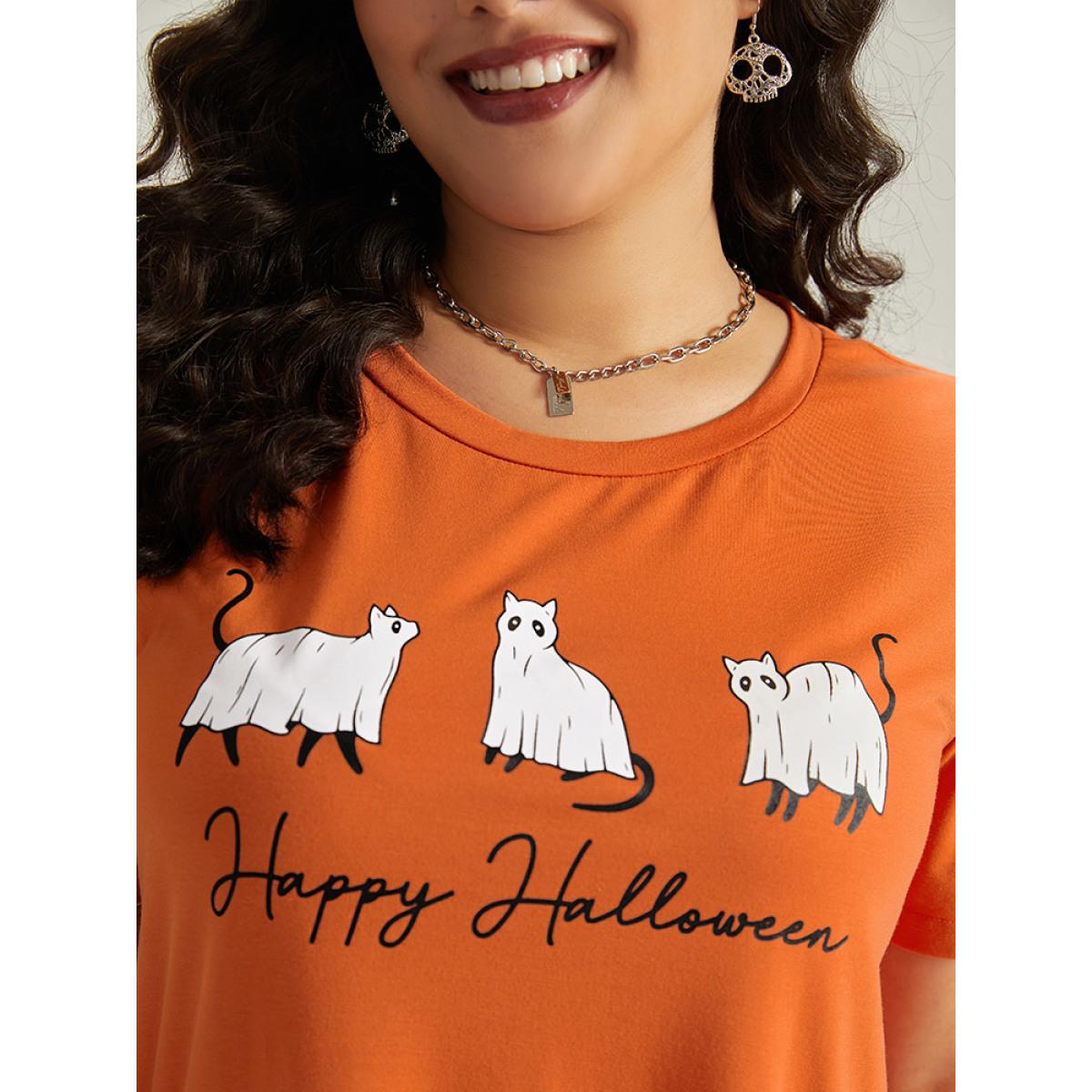 Plus Size Halloween Letter & Animals Crew Neck T-shirt OrangeRed Women Casual Printed Halloween Festival-Halloween T-shirts BloomChic 30/6X Product Image
