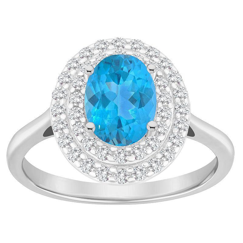 Celebration Gems Sterling Silver Oval-Cut Swiss Blue Topaz & White Topaz Double Halo Ring, Women's,  Product Image