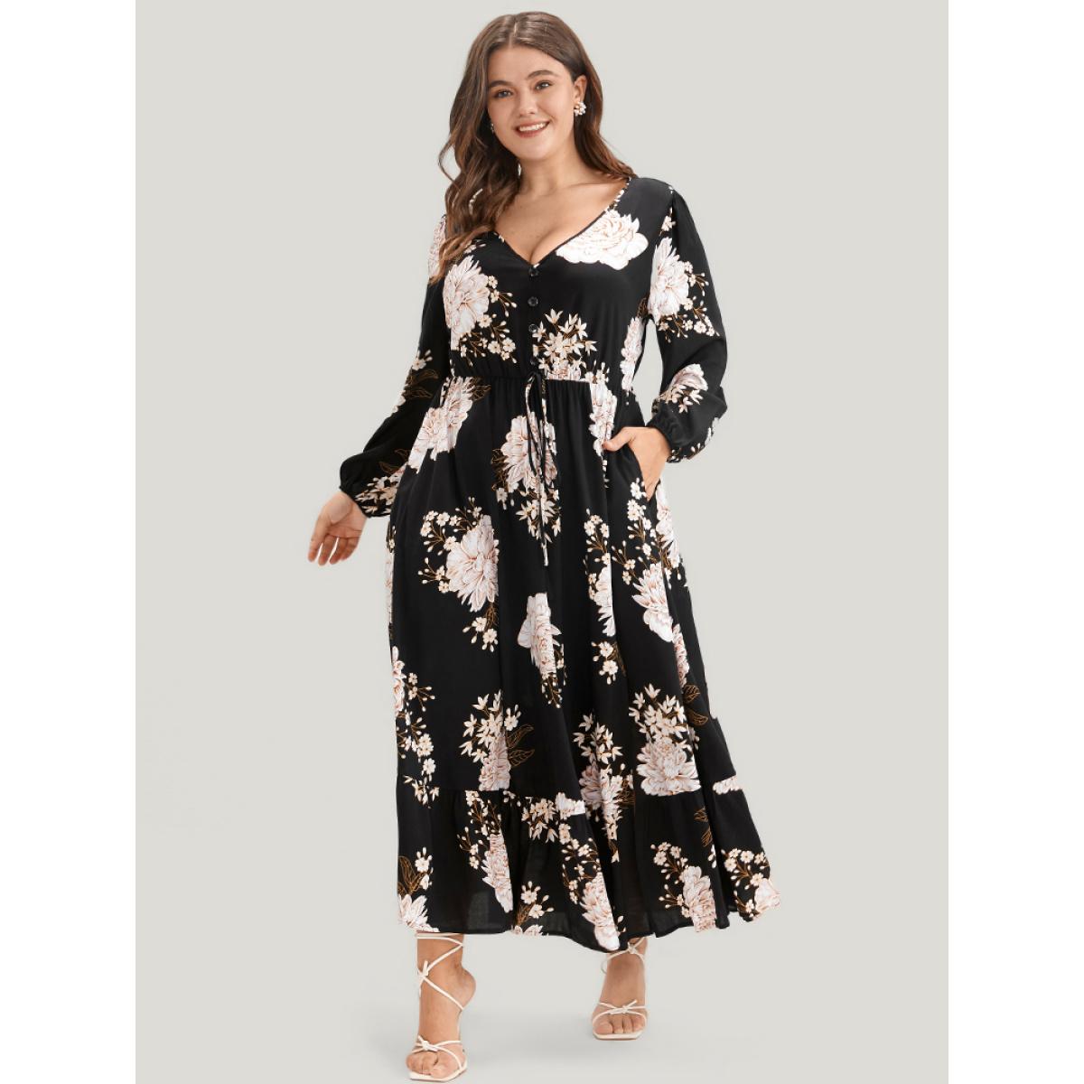 Plus Size Floral Lantern Sleeve Ties Up Pocket Split Flutter Dress Black Women Elegant Elastic Waist V-neck Long Sleeve Curvy Long Dress BloomChic 22-24/3X Product Image
