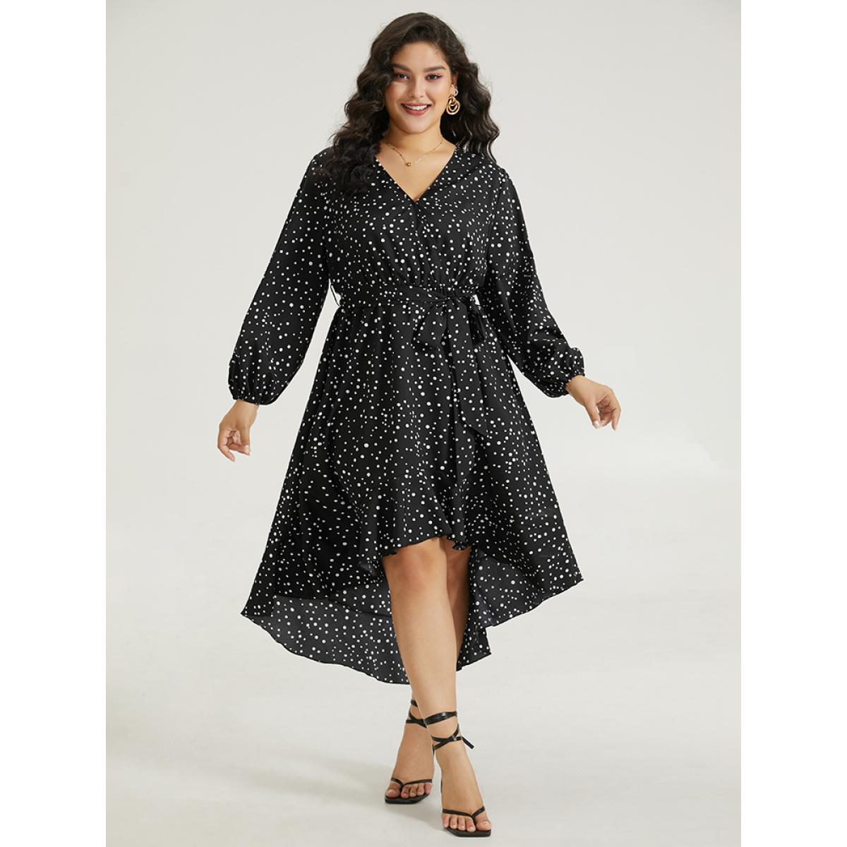Plus Size Polka Dot Wrap Ruffle Trim High Low Hem Dress Black Women Elegant Elastic cuffs V-neck Long Sleeve Curvy Knee Dress BloomChic 10/M Product Image