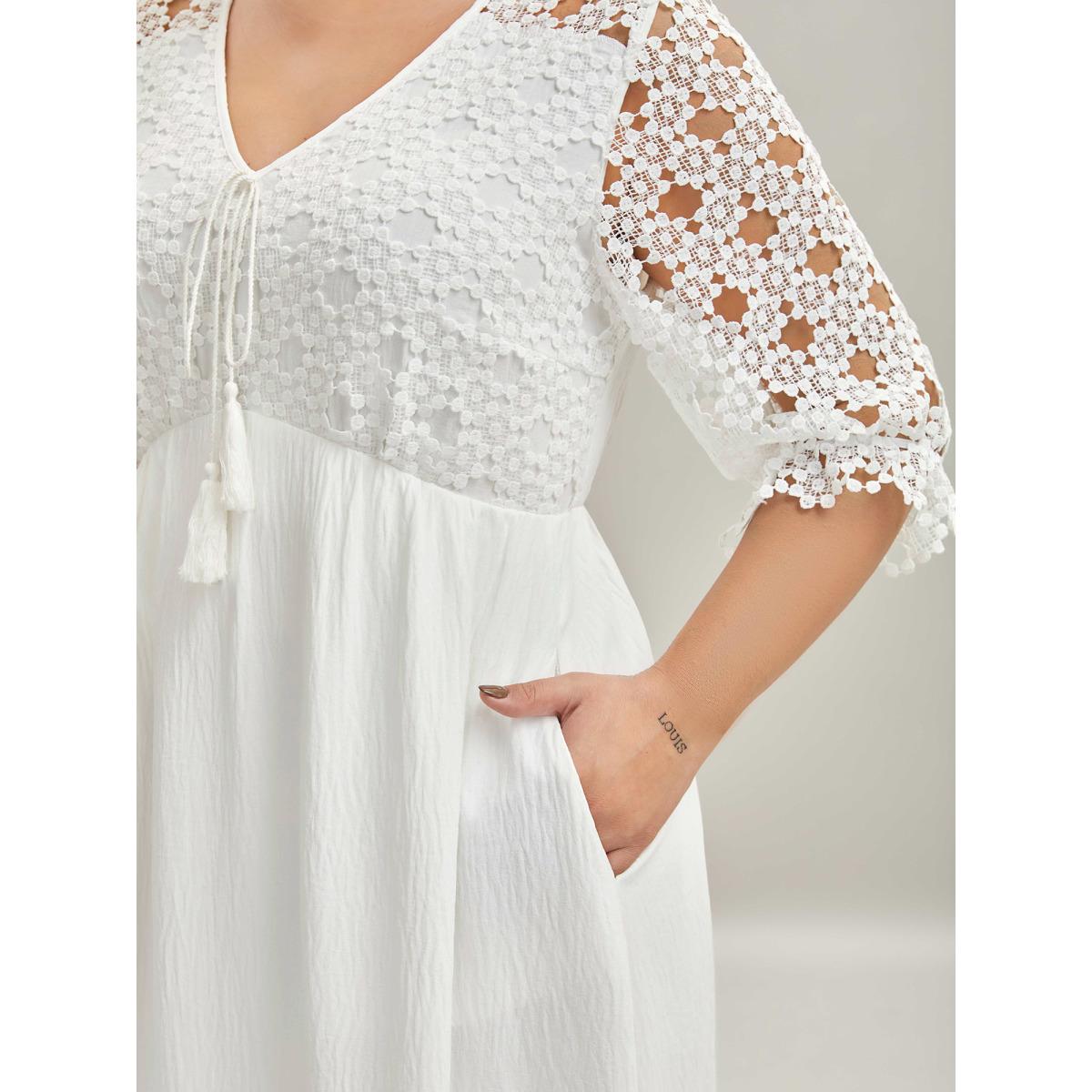 Plus Size Sheer Lace Sleeve Pockets Flowy Midi Dress Ivory Women V-neck Elbow-length sleeve Curvy BloomChic 10/M Product Image