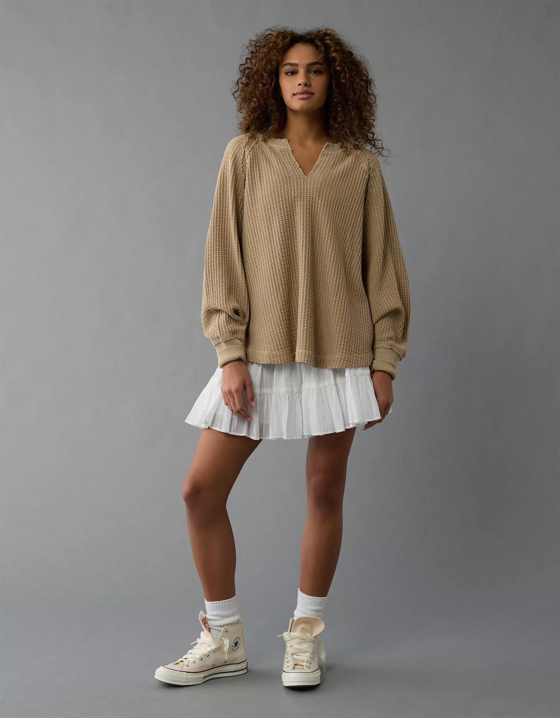 AE Big Hug Notch Neck Waffle Sweatshirt Product Image