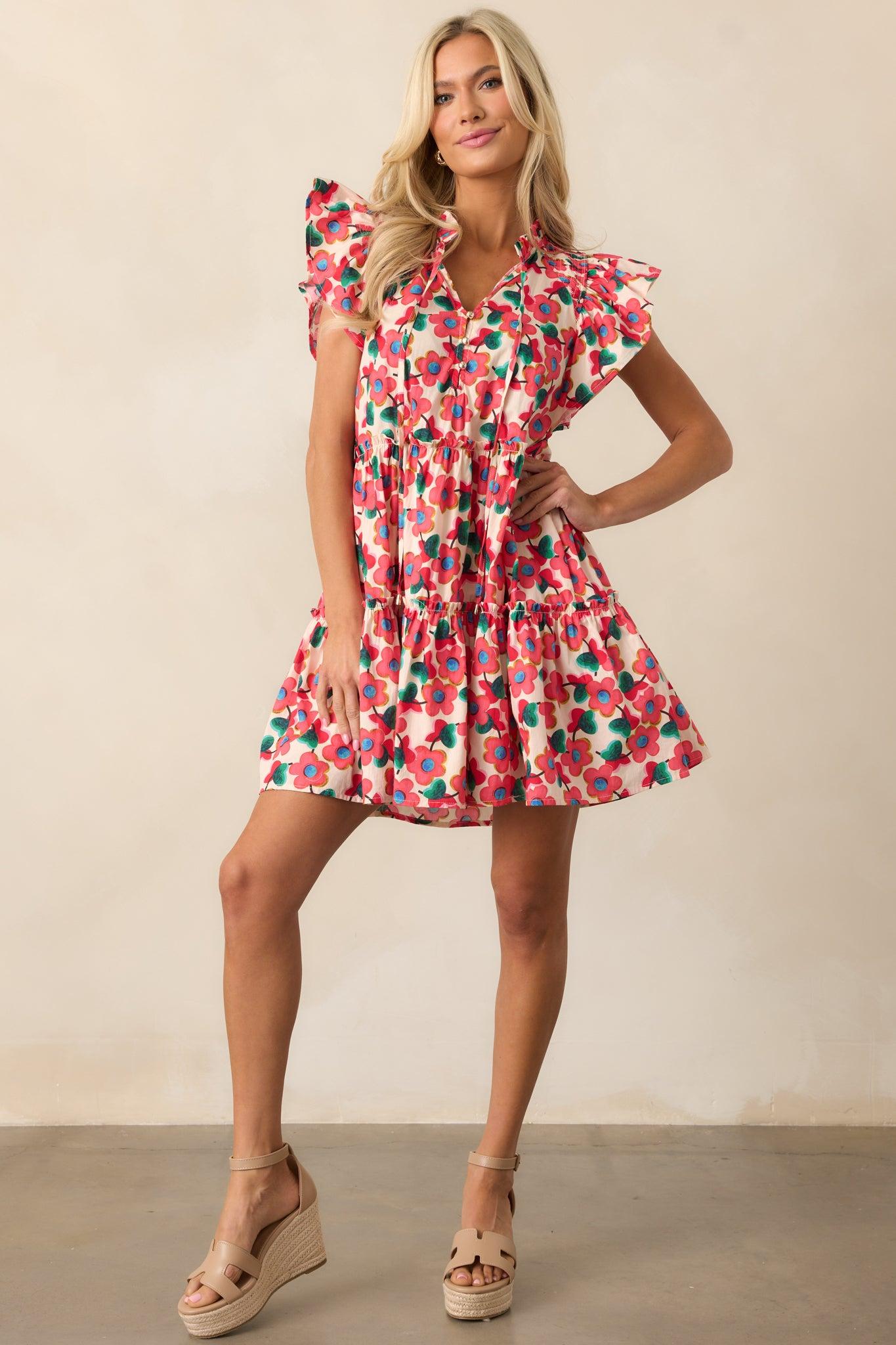 All You Need Red Floral Cotton Flutter Sleeve Mini Dress Product Image