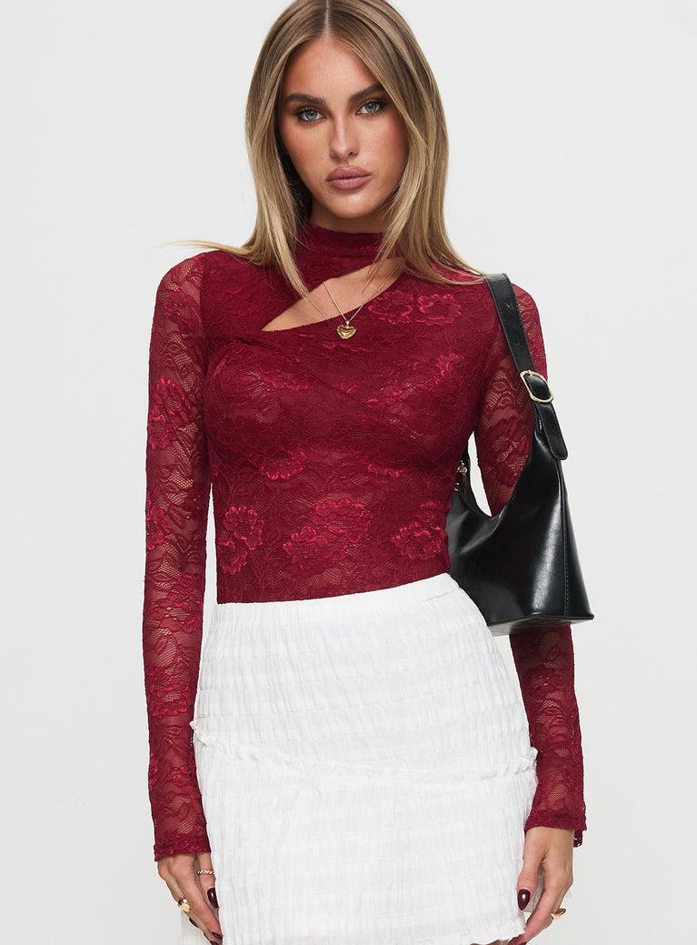 Twisted Humour Long Sleeve Lace Bodysuit Burgundy Product Image