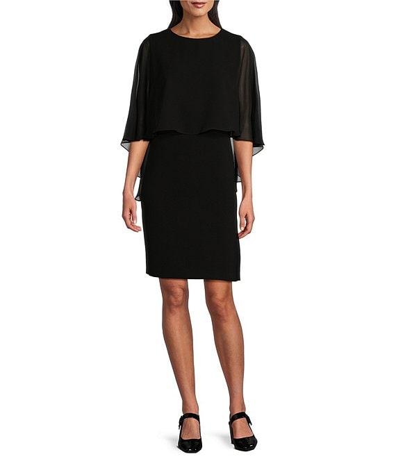 Caroline Rose Matte Crepe Scoop Neck Sheer Georgette Sleeve Capelet Dress Product Image