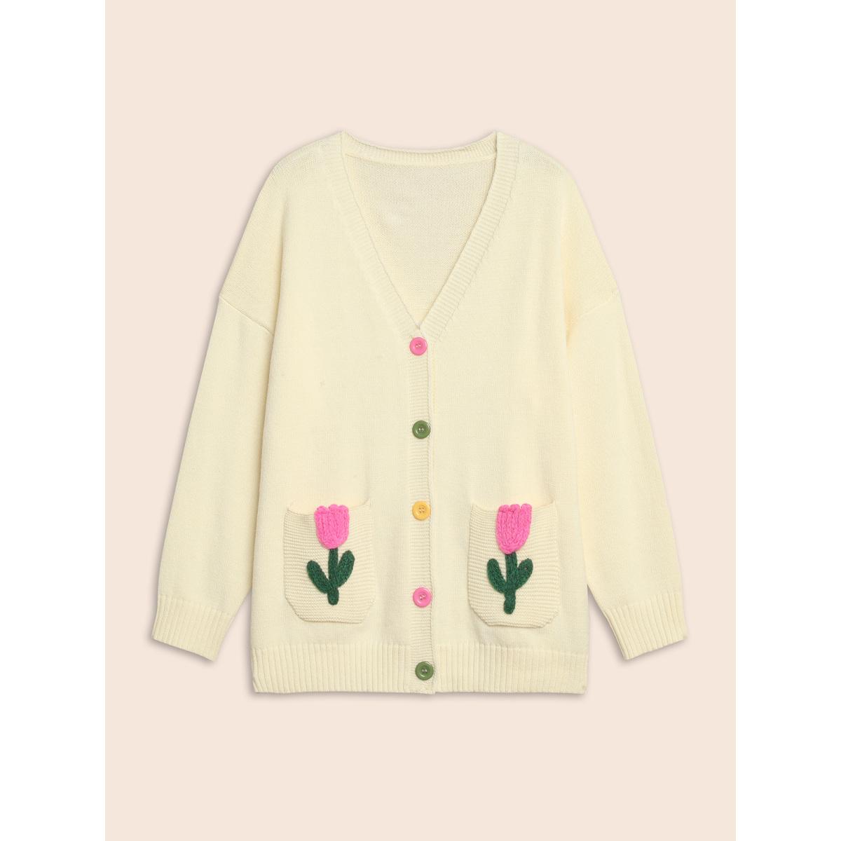 Plus Size Contrast Crochet Floral Patch Pocket Cardigan Beige Women Casual Loose Long Sleeve Everyday Cardigans BloomChic 12/L Product Image