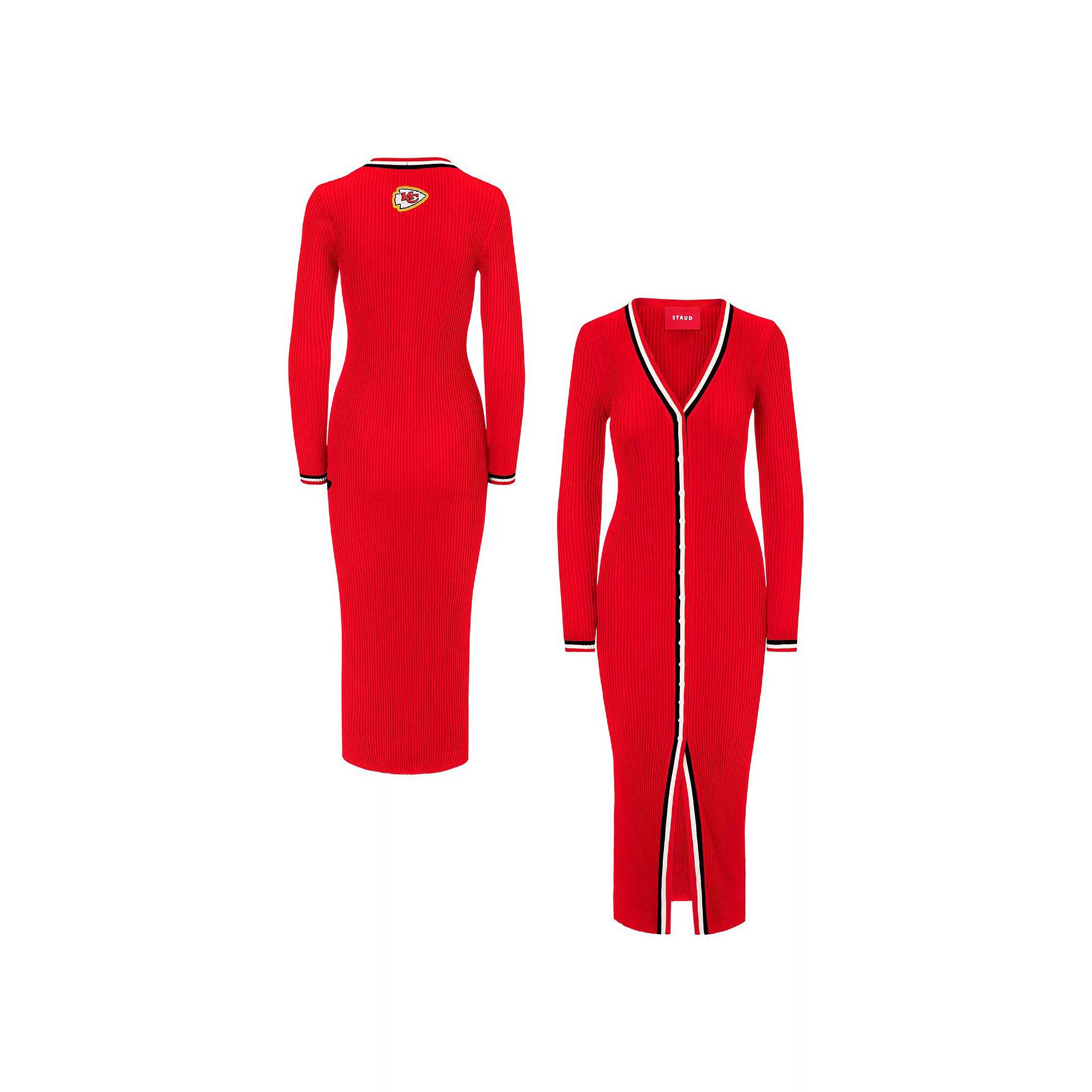 Womens STAUD Kansas City Chiefs Shoko Knit Button-Up V-Neck Sweater Dress Product Image