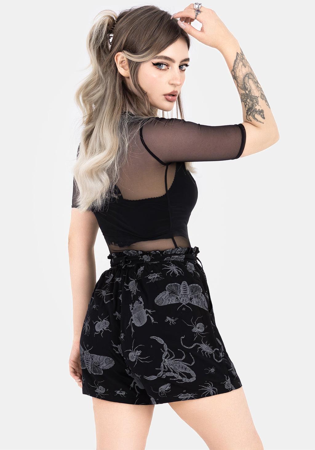 Parasite Bugs Tie Waist Paperbag Shorts - Black Product Image