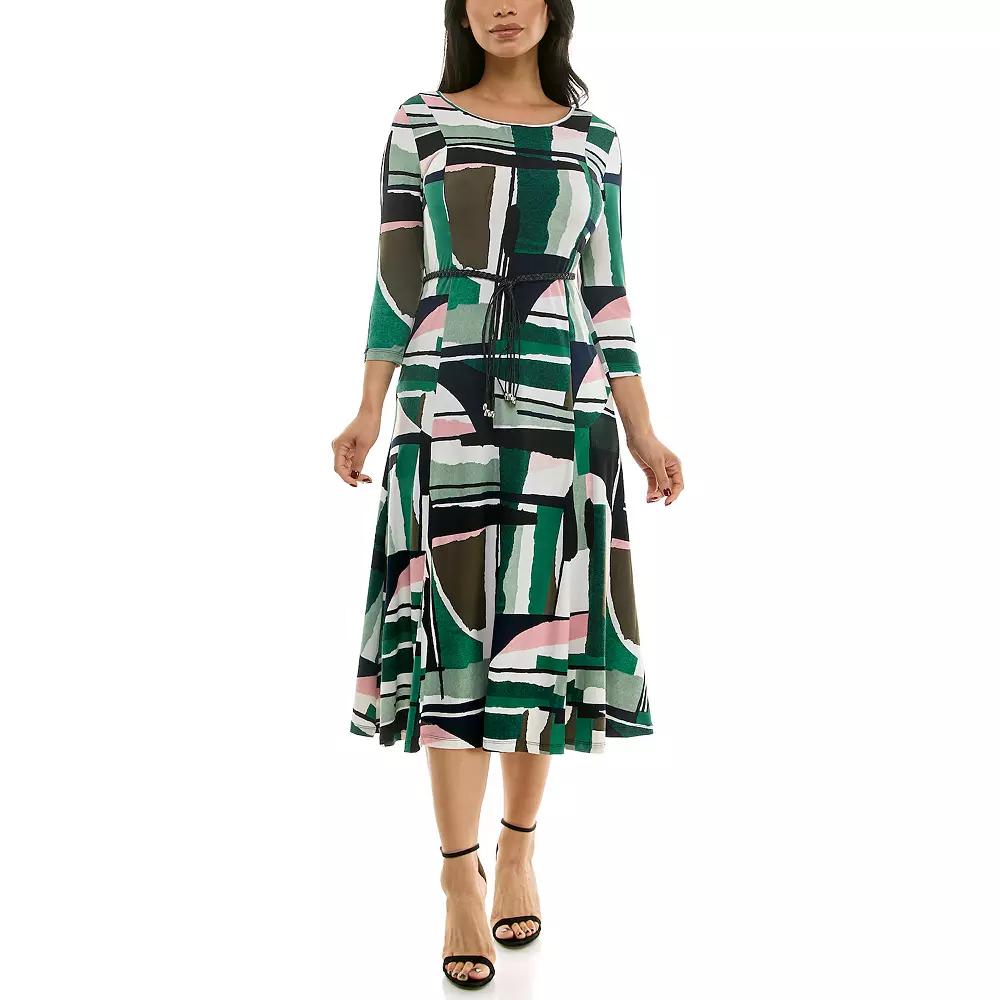 Women's Nina Leonard Sylvia Three-Quarter Sleeve Belted Midi Dress,  Product Image