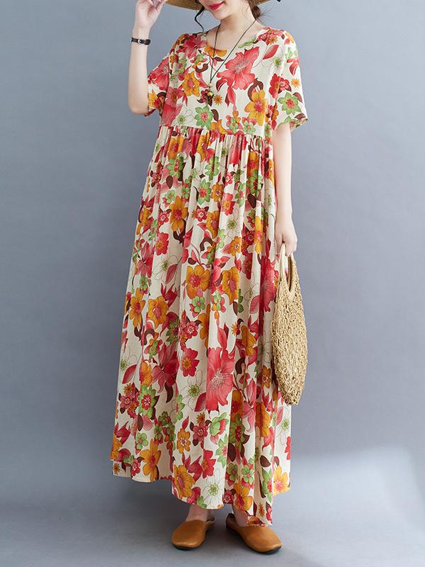 Loose Short Sleeves Pleated Printed Split-Joint Round-Neck Midi Dresses Product Image