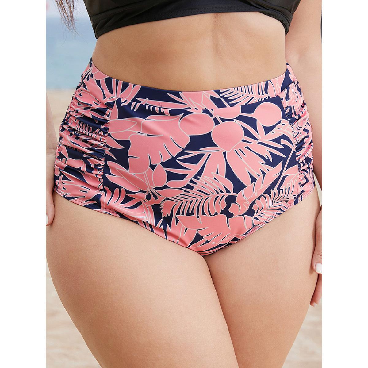 Plus Size Plant Print Ruched Side Swim Bottom Women's Swimwear Pink Vacation Printed High stretch Skinny High Rise Curve Swim Bottoms BloomChic 12/L Product Image