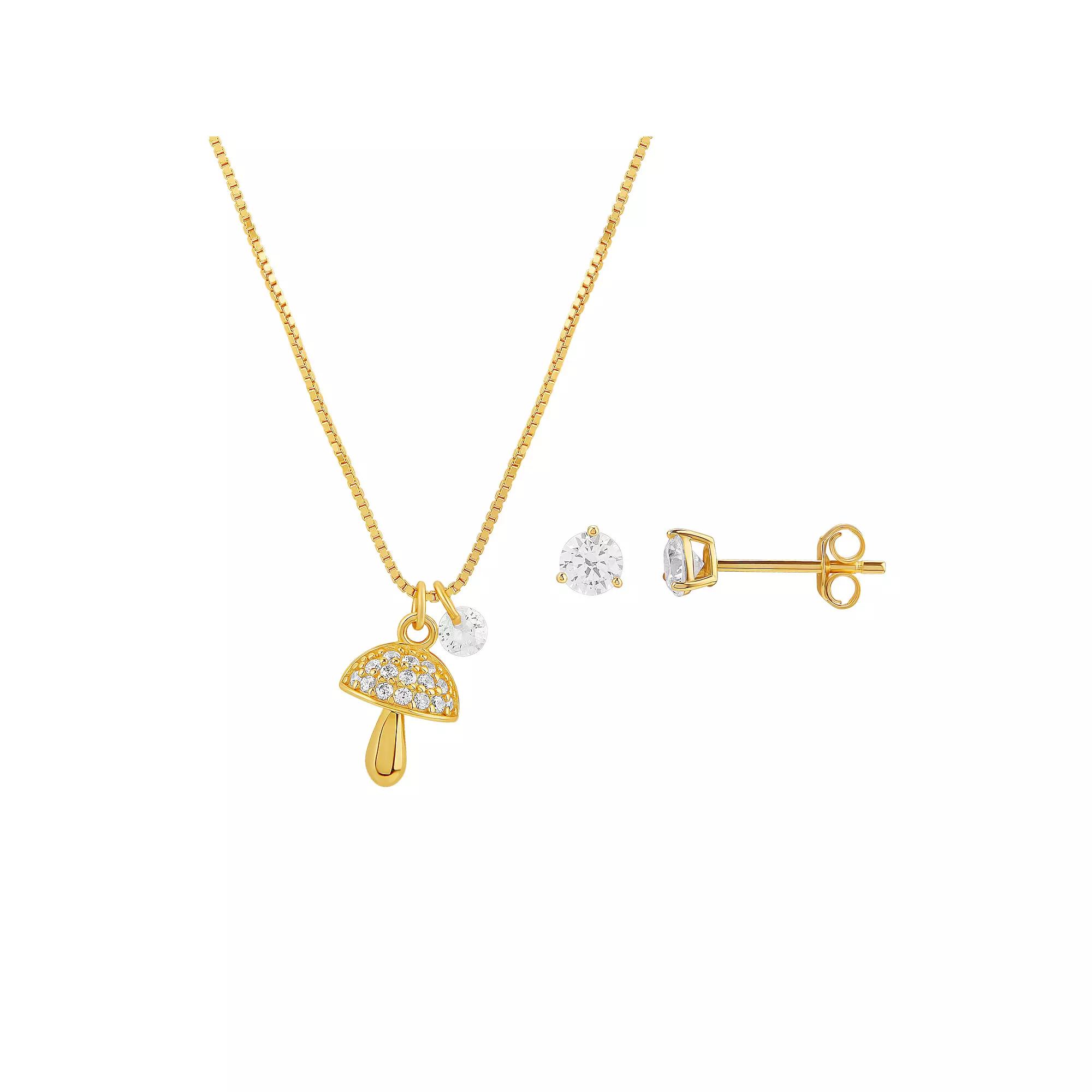 PRIMROSE 18k Gold Plated Mushroom Pendant & Cubic Zirconia Stud Earring Set, Women's, Gold Over Sterling Product Image