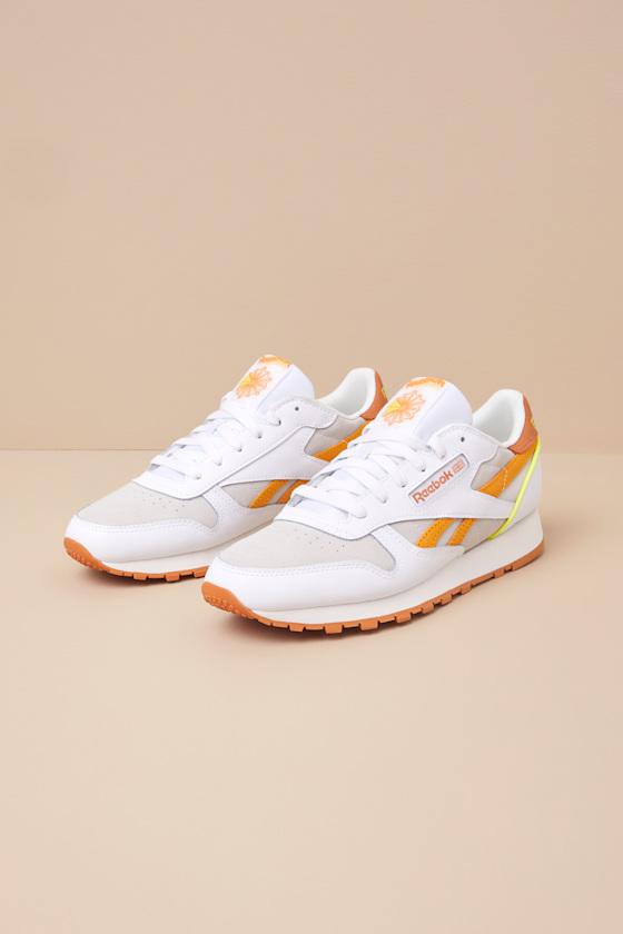Classic Leather White and Amber Suede Sneakers Product Image