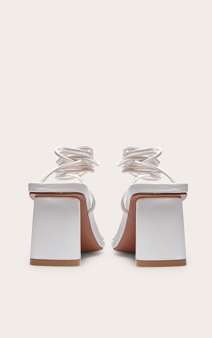 White Wide Fit PU Square Toe Lace Up Low Block Heeled Sandals Product Image