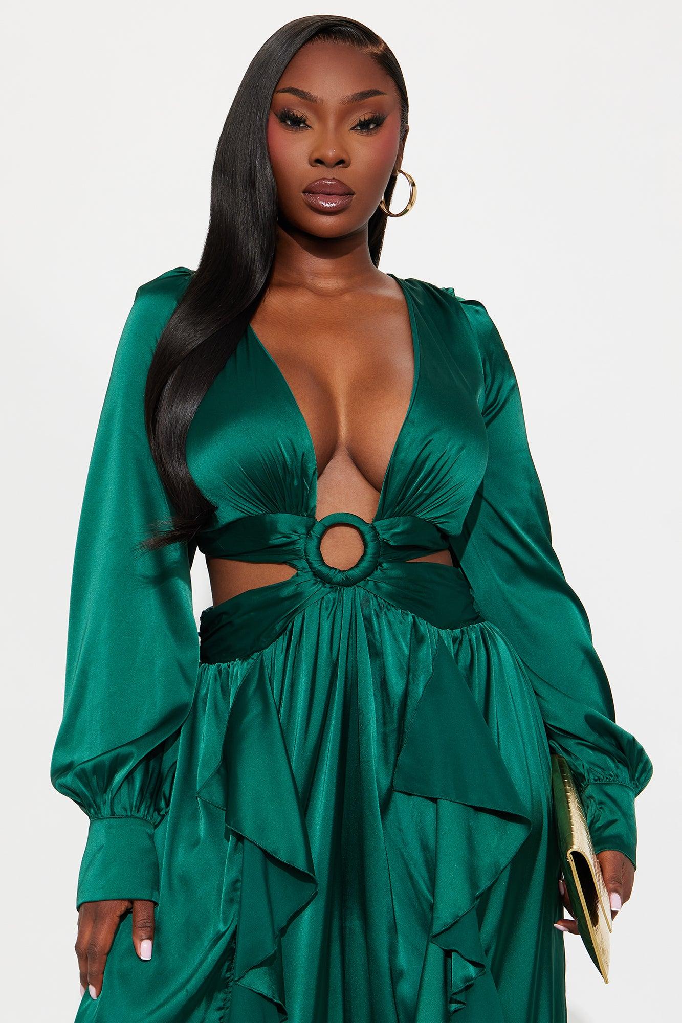 Show Stopper Satin Long Sleeve Jumpsuit - Emerald Female Product Image