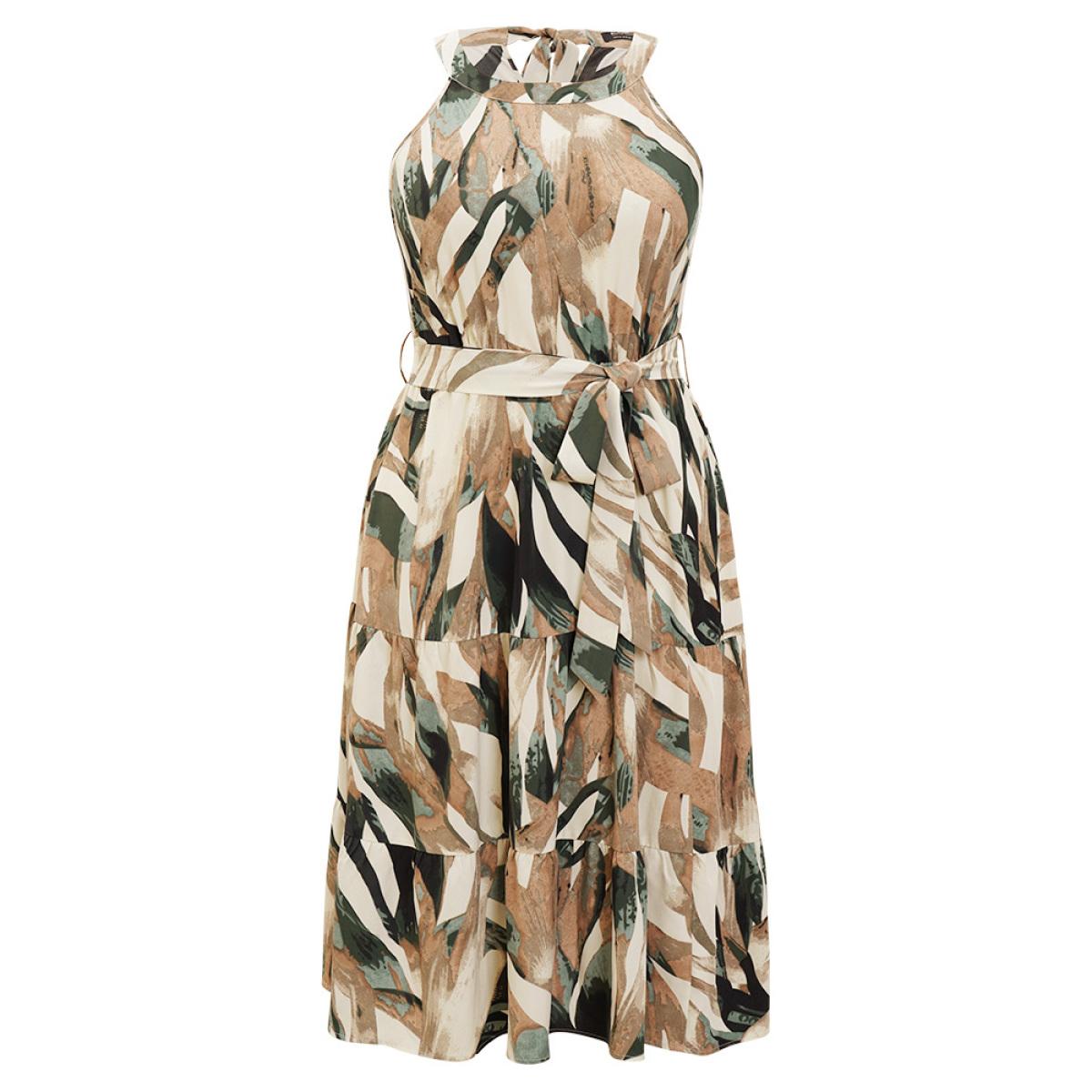 Plus Size Geometric Contrast Ruffles Layered Pocket Belt Knot Halter Dress DarkGreen Women Elegant Belted Halter neck Sleeveless Curvy Long Dress BloomChic 22-24/3X Product Image