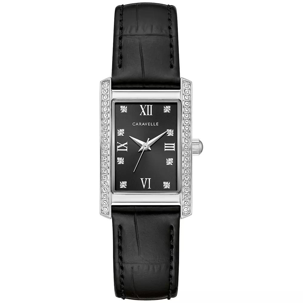 Caravelle by Bulova Women's Stainless Steel Crystal Accent Black Leather Strap Watch - 43L222,  Product Image