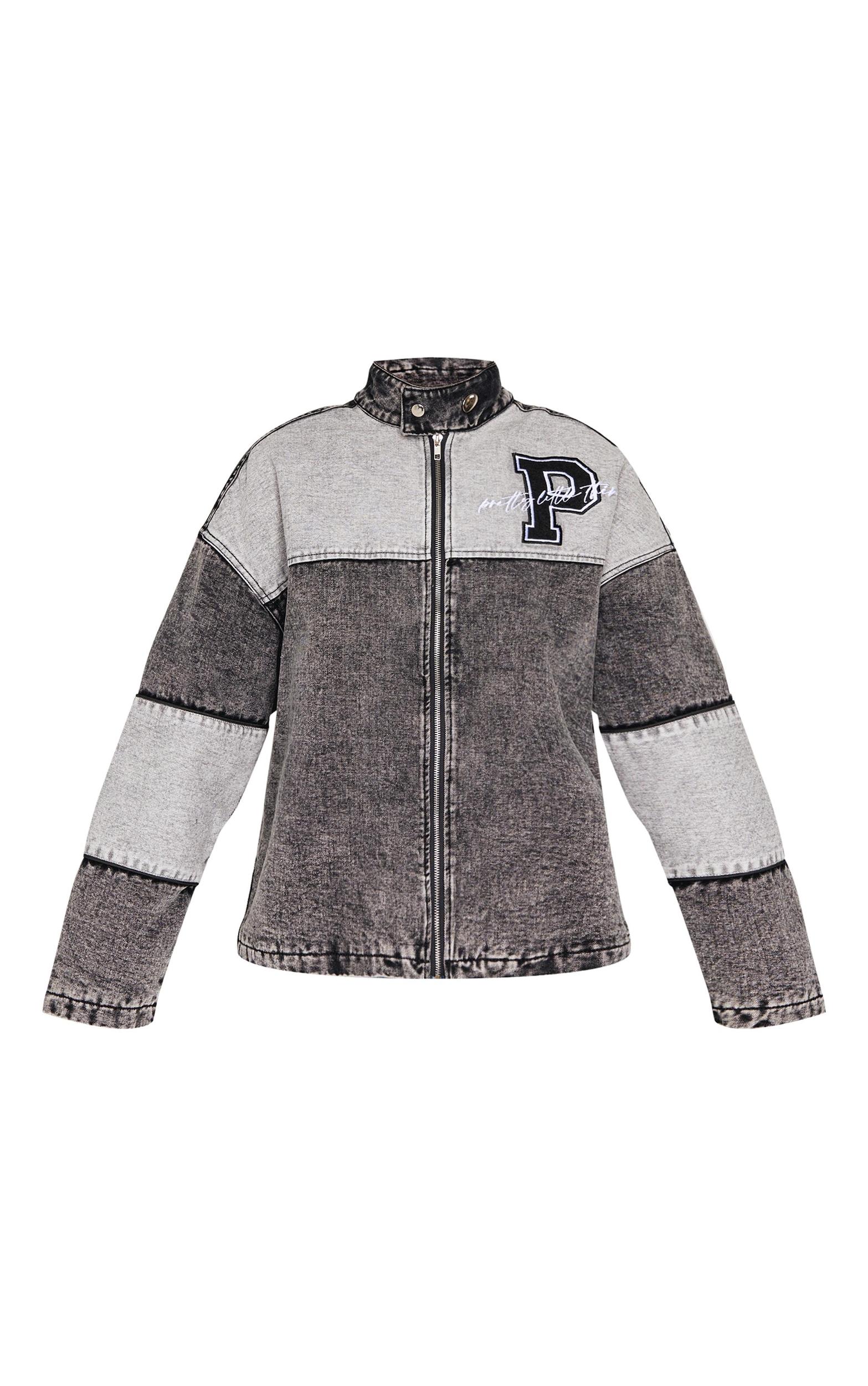 Black Oversized Denim Varsity Bomber Jacket Product Image