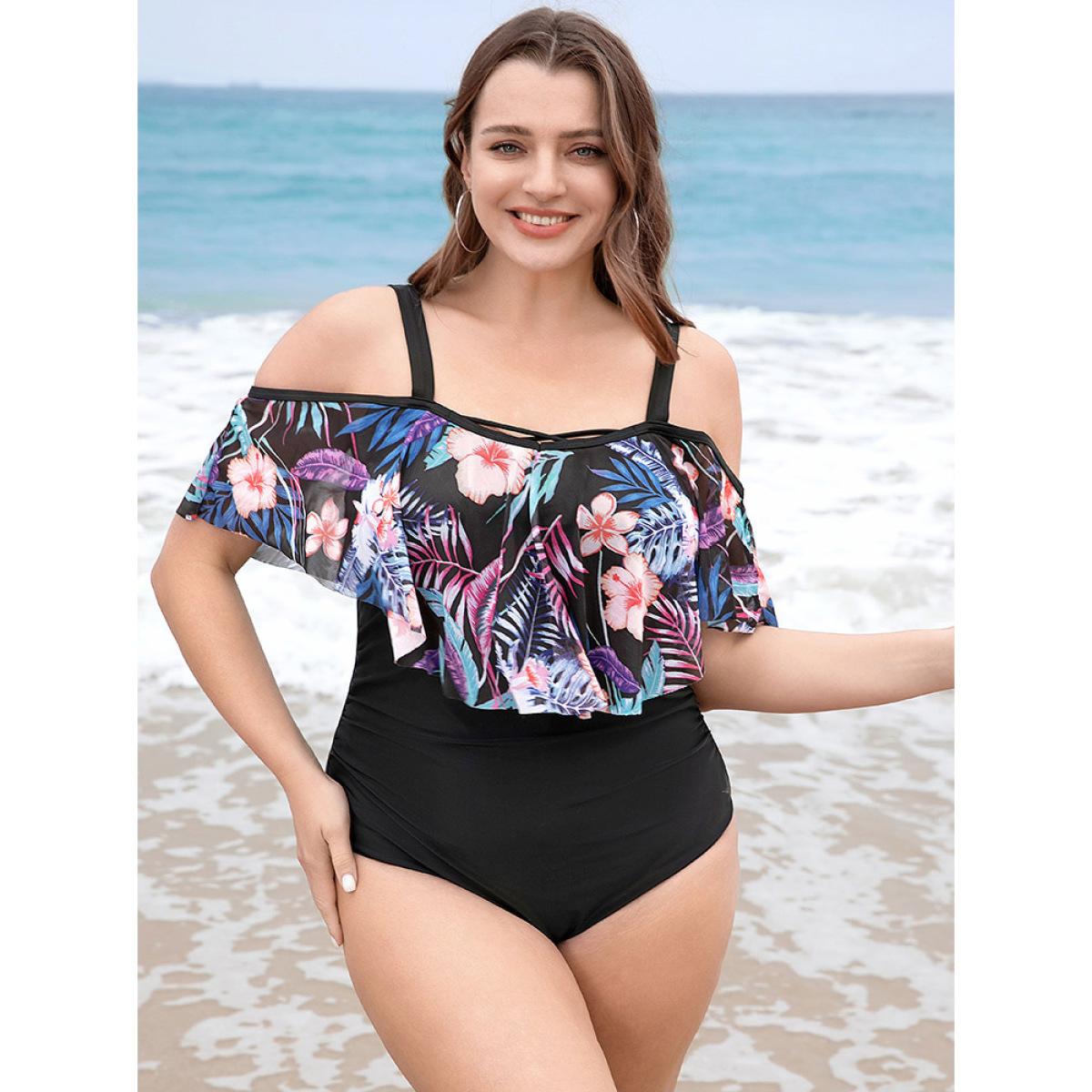 Plus Size Floral Patchwork Asymmetrical Ruffle Trim Crisscross One Piece Swimsuit Women's Swimwear Black Vacation Adjustable Straps Curve Bathing Suits High stretch One Pieces BloomChic 28/5X Product Image