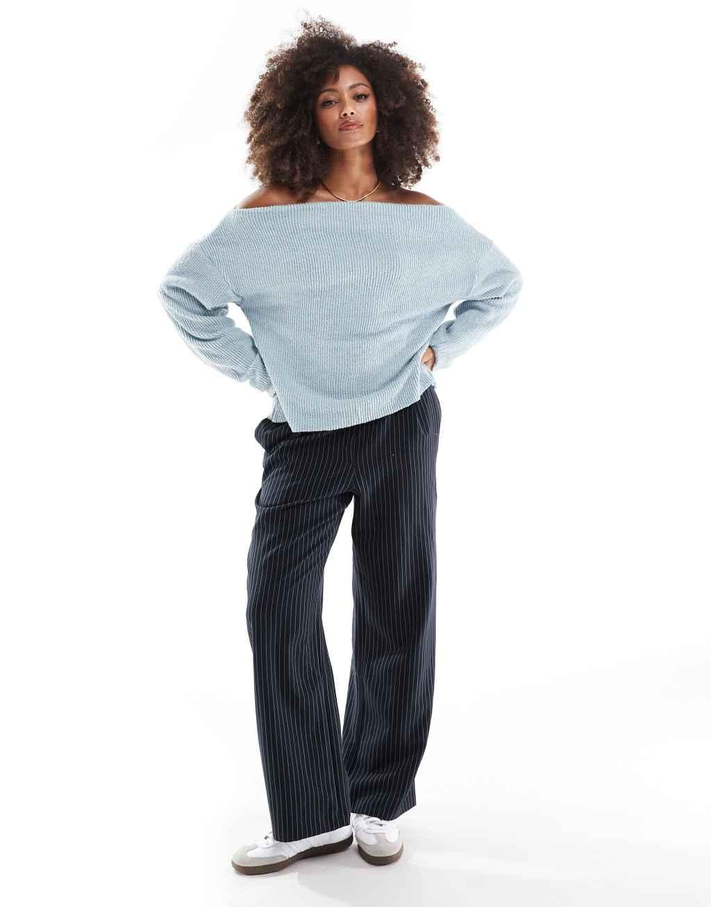 ASOS DESIGN boucle rib off shoulder sweat in blue Product Image