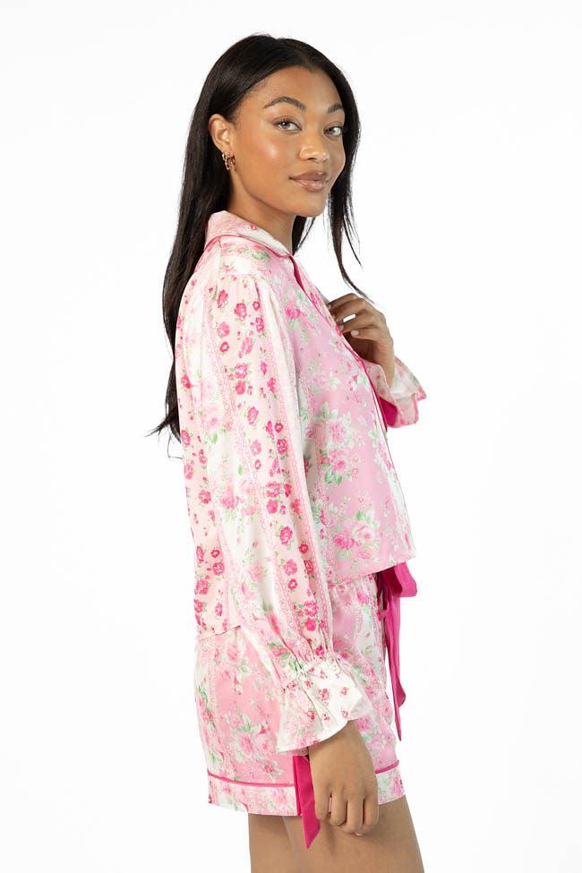 Dont Wake Me Up Pink Multi Floral Long Sleeve Satin Pajama Top FINAL SALE Girls Product Image