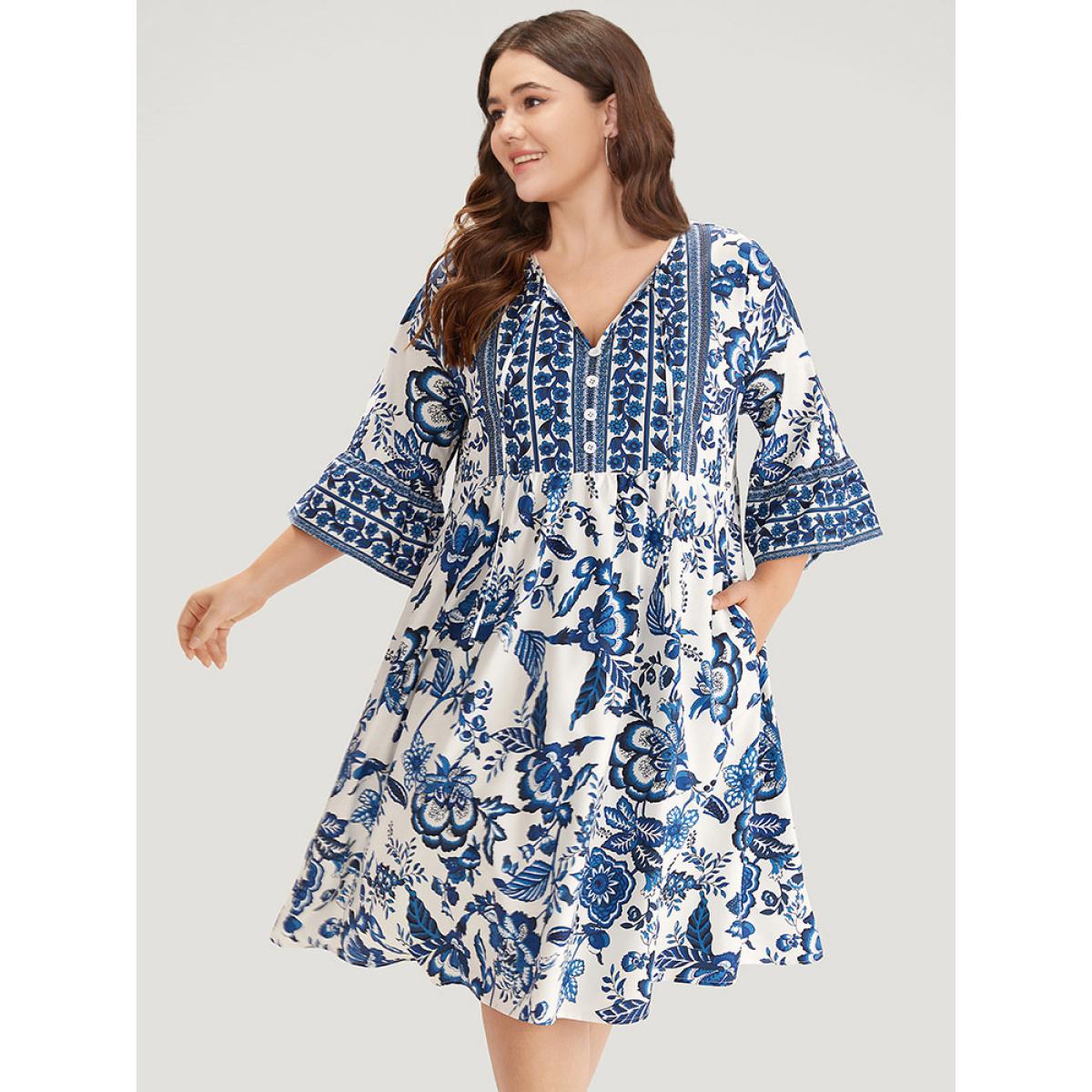 Plus Size Bandana Print Knot Neck Button Detail Dress DarkBlue Women Vacation Cross straps V-neck Elbow-length sleeve Curvy Midi Dress BloomChic 22-24/3X Product Image